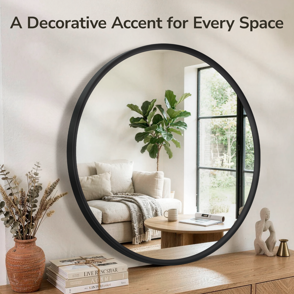 USHOWER Curva Round Bathroom Mirror 36 Inch, Black Circle Mirror Over Sink Vanity