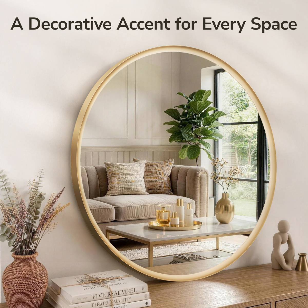 USHOWER Curva Round Bathroom Mirror 36 Inch, Brushed Gold Circle Mirror Over Sink Vanity