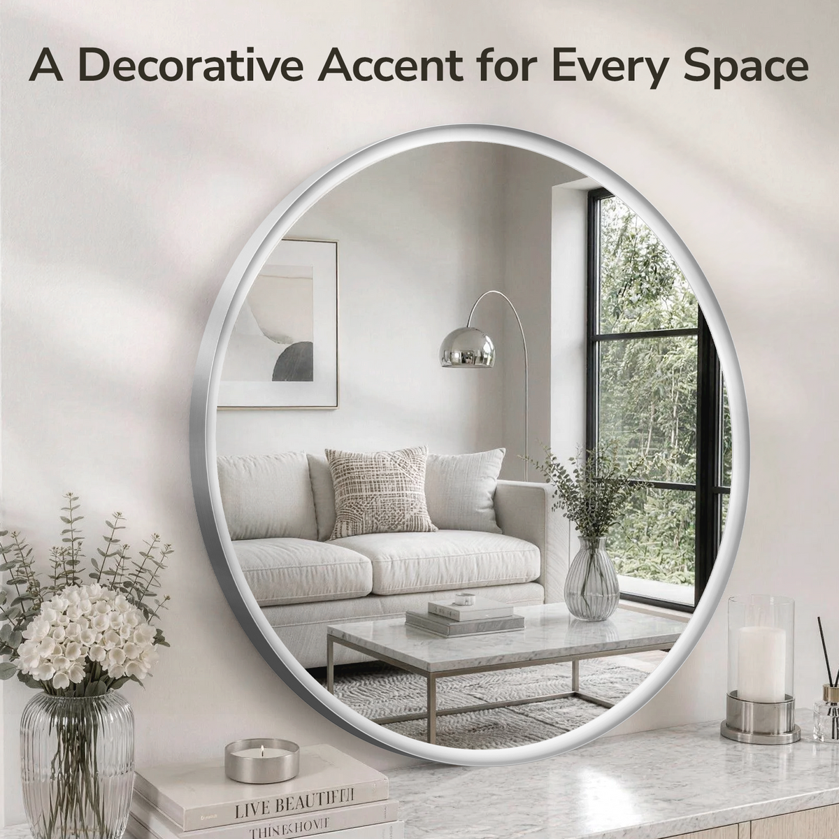 USHOWER Curva Round Bathroom Mirror 36 Inch, Brushed Nickel Circle Mirror Over Sink Vanity