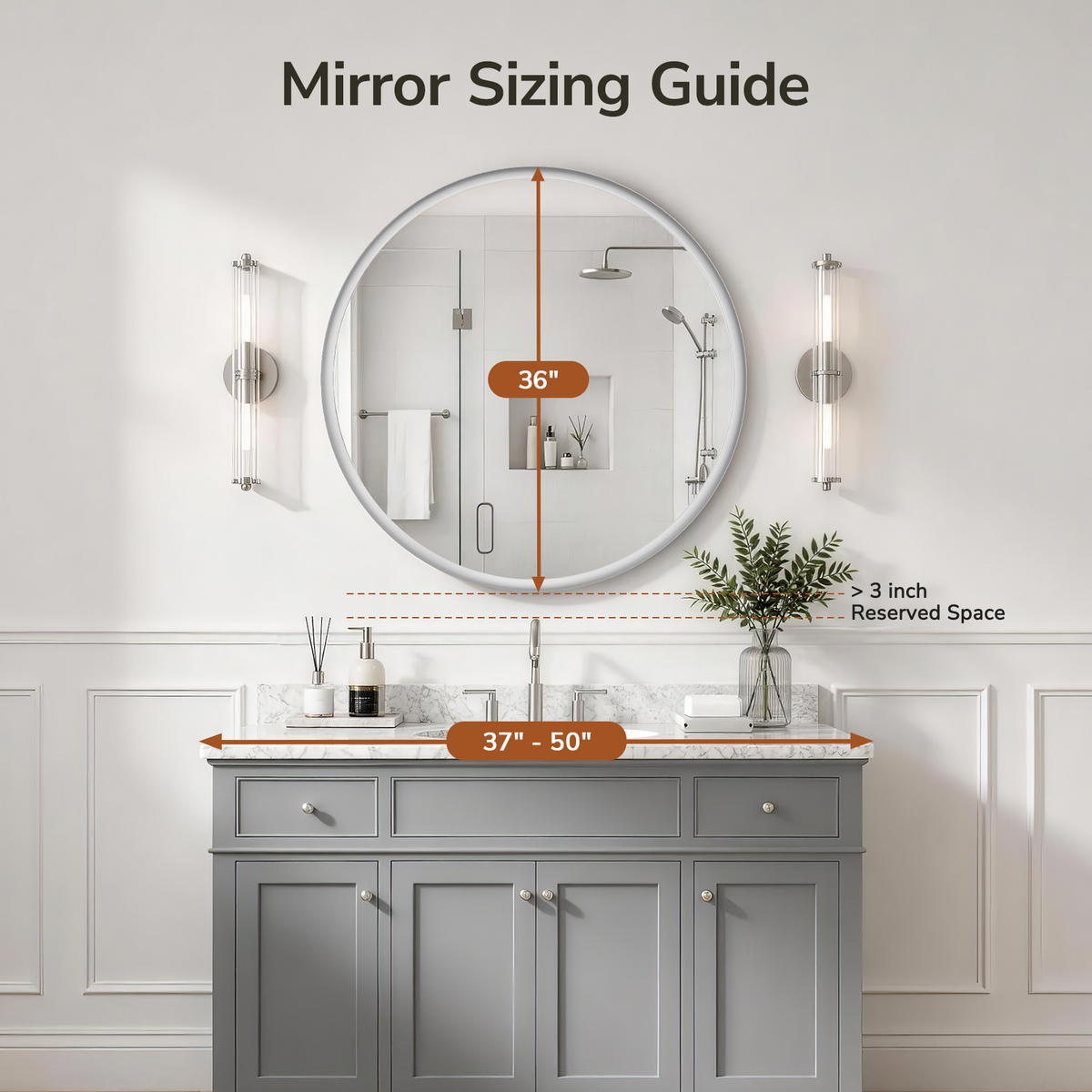USHOWER Curva Round Bathroom Mirror 36 Inch, Brushed Nickel Circle Mirror Over Sink Vanity
