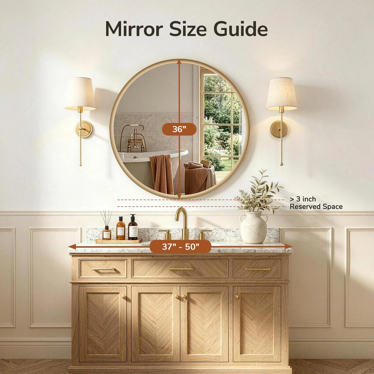 USHOWER Curva Round Bathroom Mirror 36 Inch, Brushed Gold Circle Mirror Over Sink Vanity