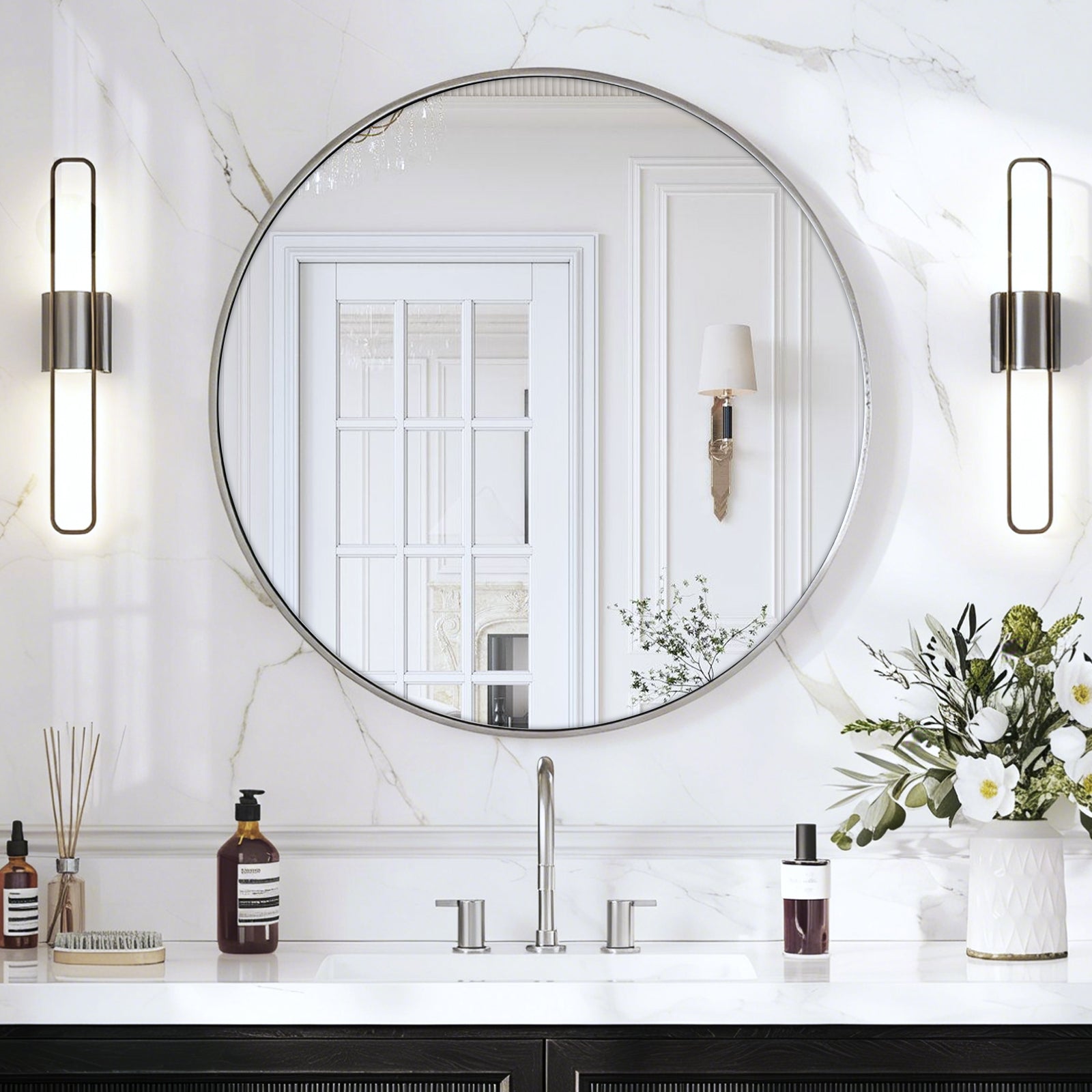 USHOWER Arar Brushed Nickel Round Bathroom Mirror, 36''