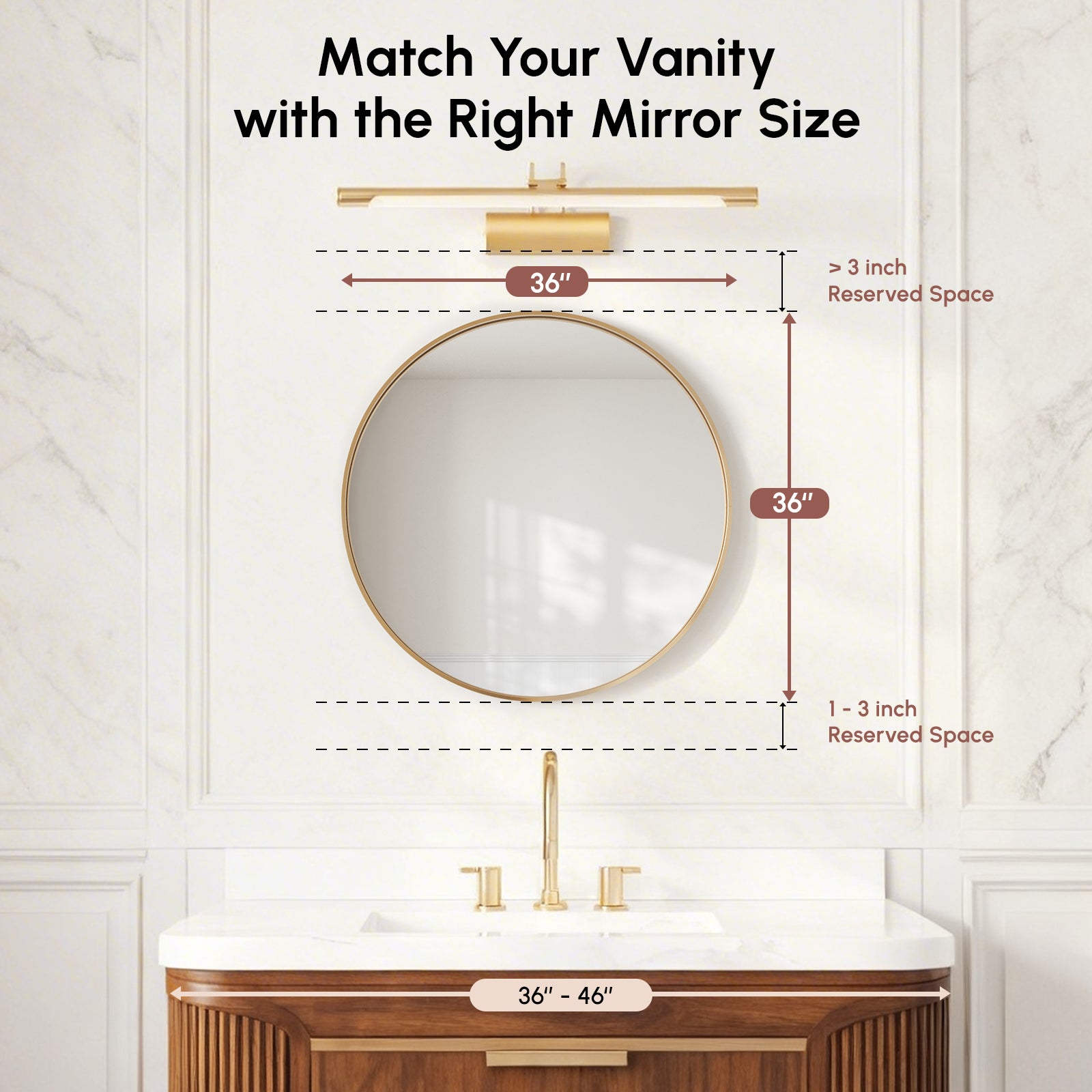 USHOWER Orar Gold Round Bathroom Mirror, 36''