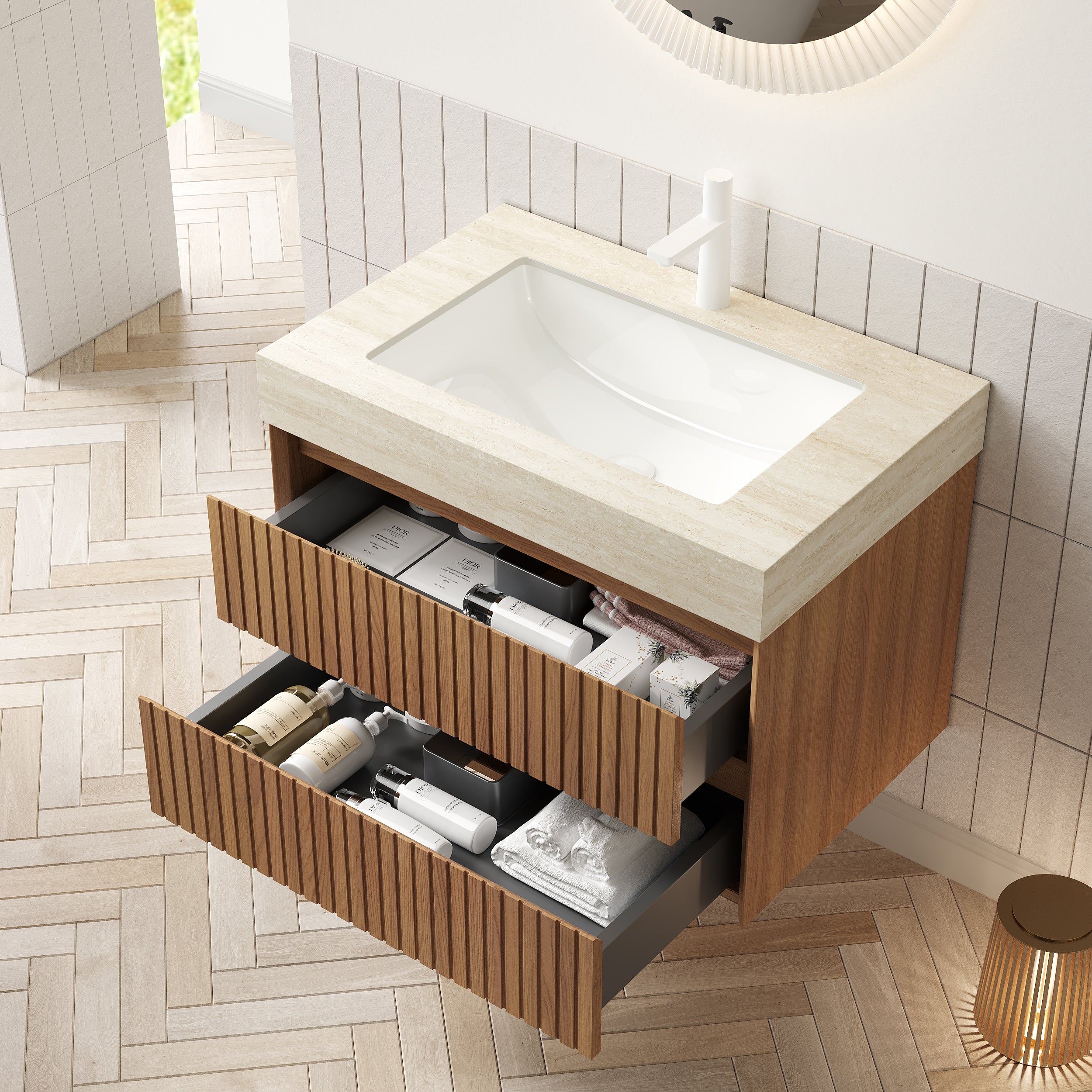 TILLEY 30" Bathroom Vanity&Sink, Floating Striped Plywood Storage Cabinet with 2 Drawers, Travertine-Pattern Sintered Stone Top with Ceramic Undermount Basin, Pre-assembled, Brown Oak Woodgrain Color