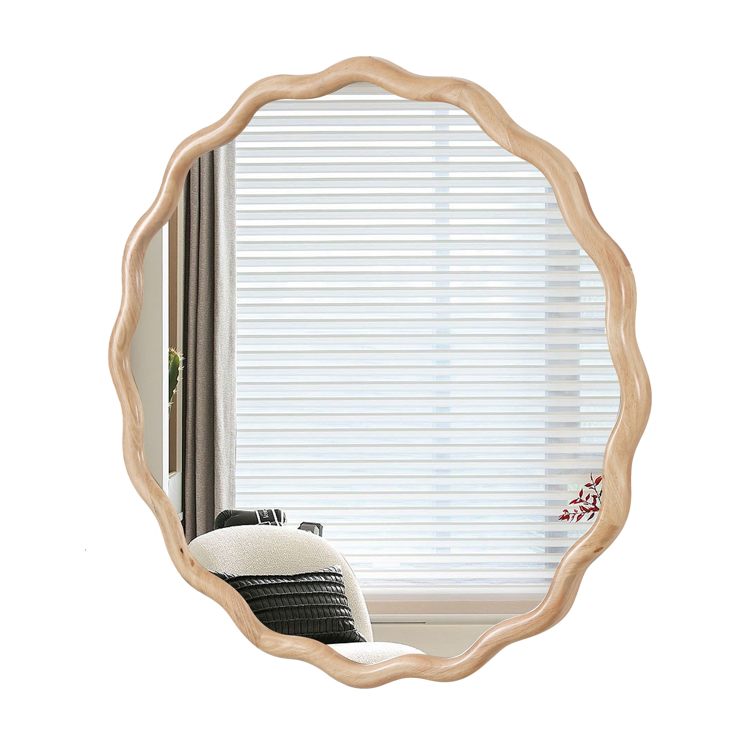Wavy Round Natural Wood Beige Wall Mirror, Solid Wood, 31.1'' Diameter