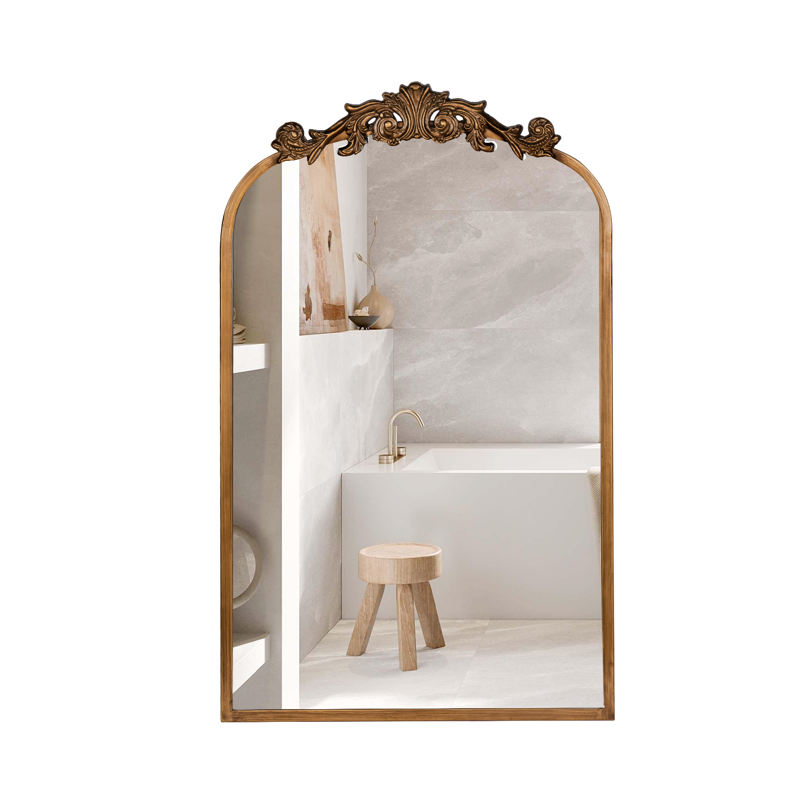 USHOWER Retra Series 19x31 Gold Vintage Mirror with Ornate Frame, Reflecting Classic Bathroom Interior