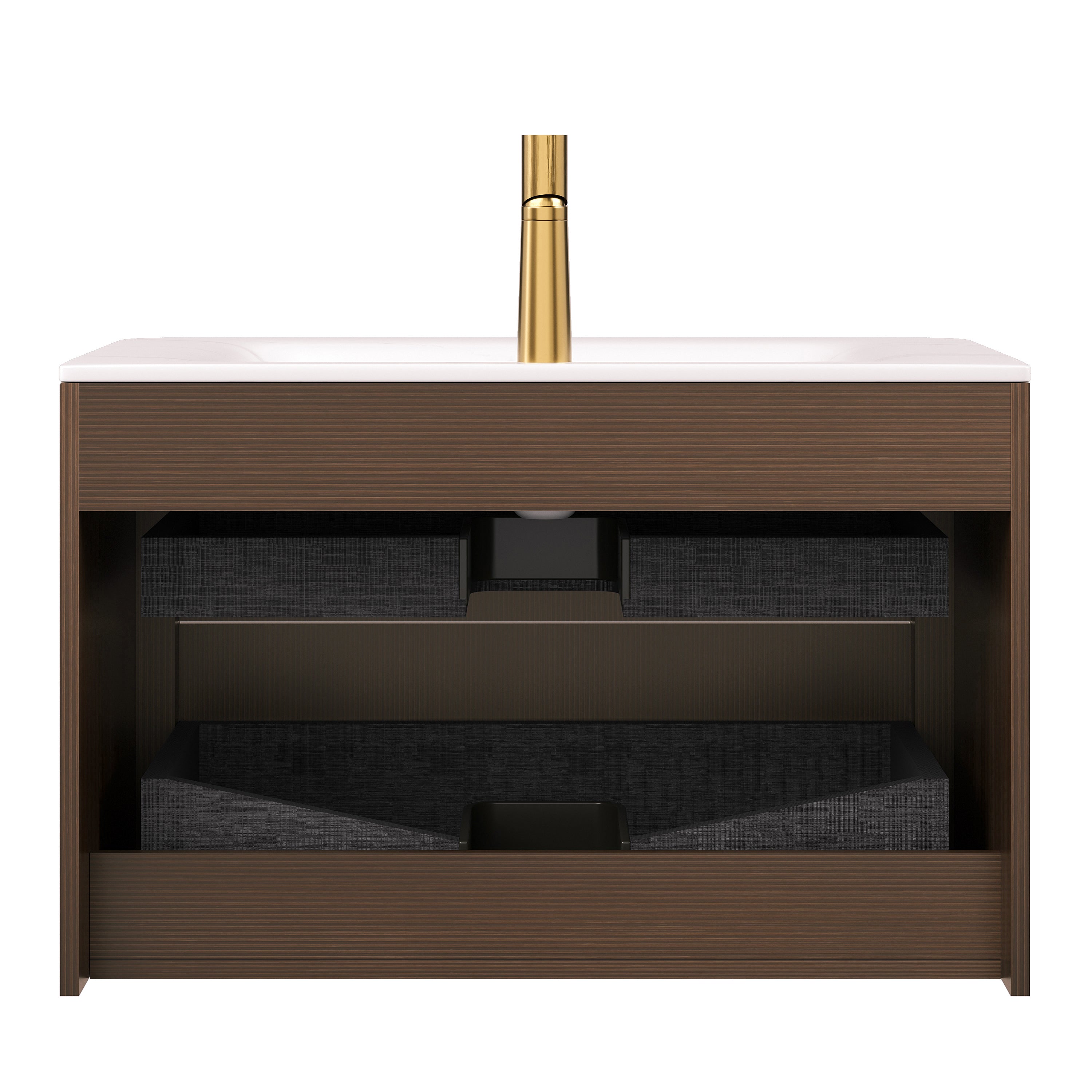 ZANE 30'' Bathroom Vanity with Sink, Floating Ultra-Pinstriped Plywood Storage Cabinet with Drawers, Carrara White Sintered Stone Hot-bent Integrated Basin, Pre-assembled, Italy Walnut Woodgrain Color