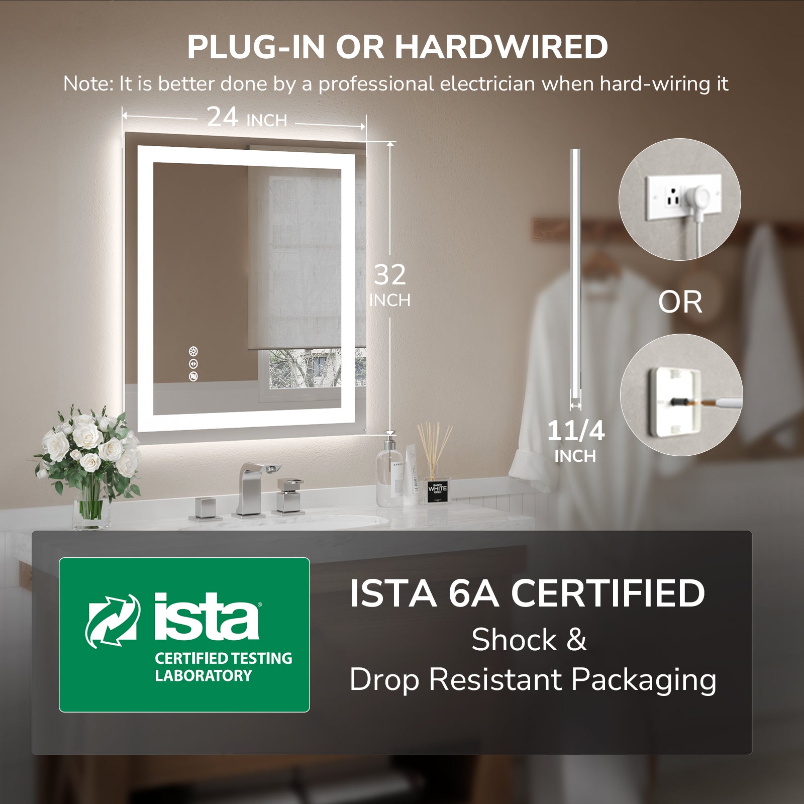 USHOWER Klara Series 32x24 Rectangular LED Bathroom Mirror with Plug-In or Hardwire Options, ISTA 6A Certified Package