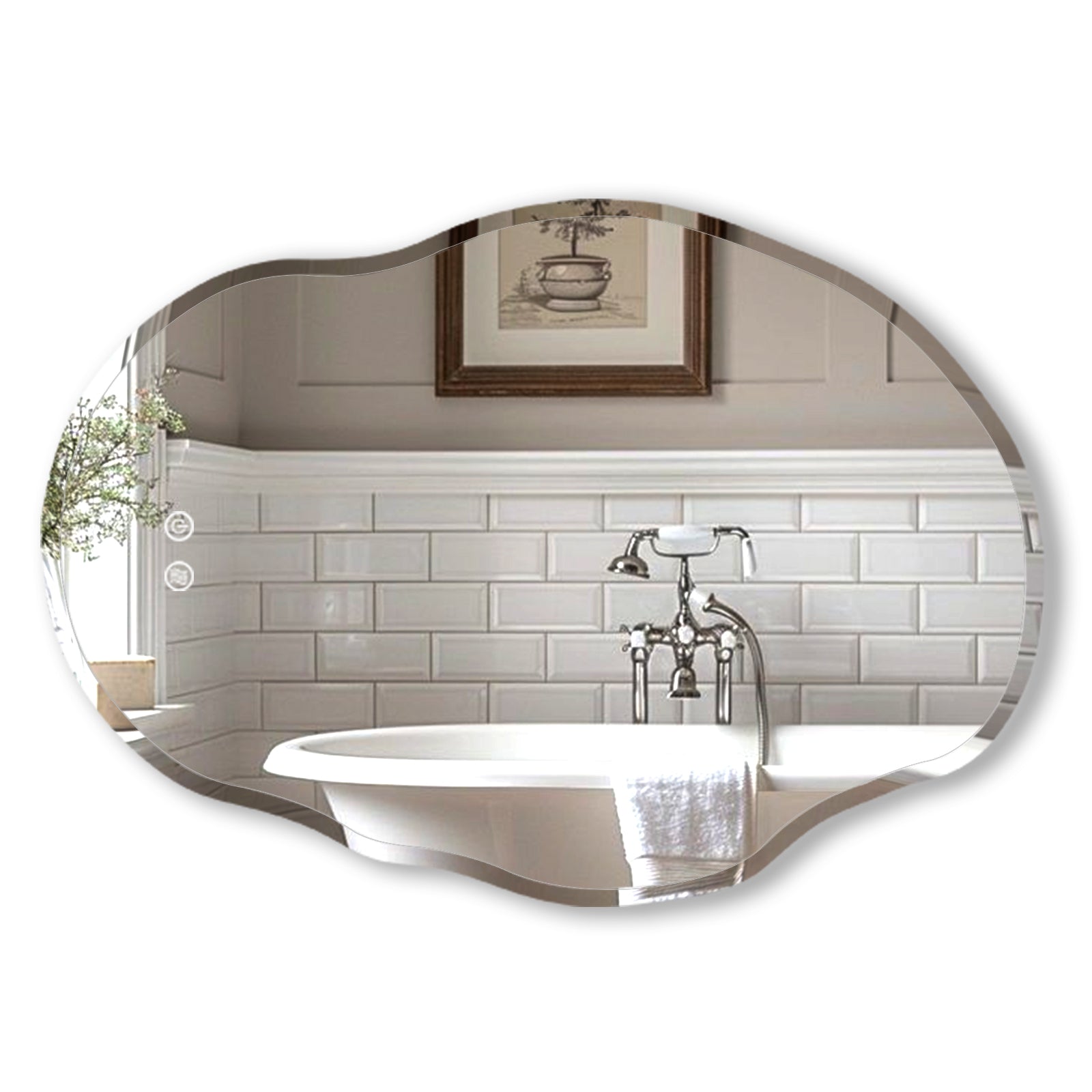 Cloud shaped LED bathroom mirror horizontally hung on a bathroom wall