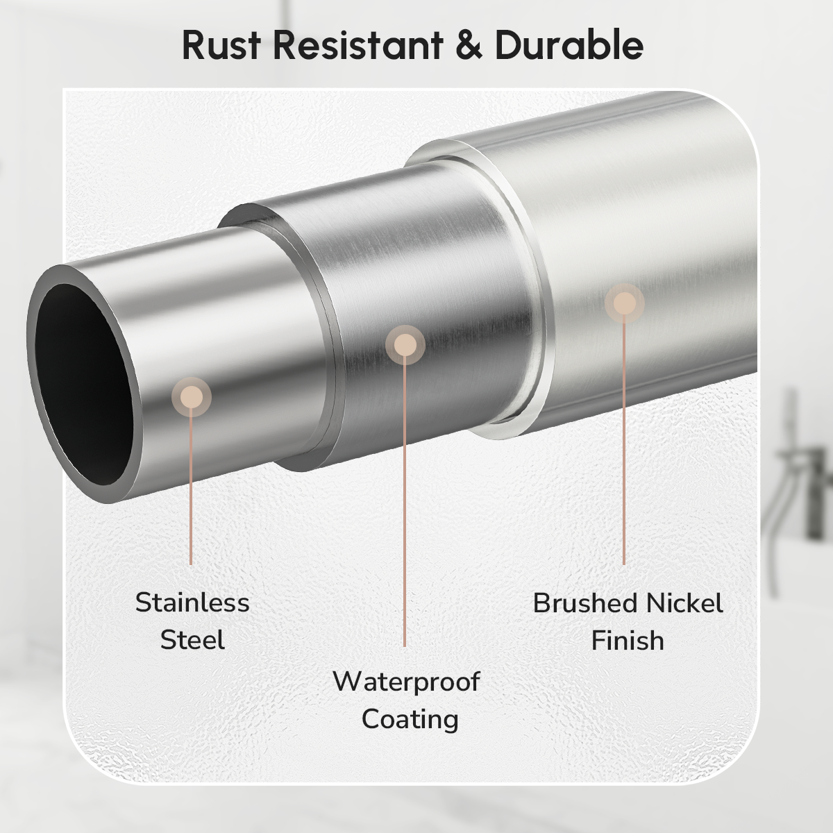 USHOWER Matuko Series – Brushed Nickel Shower Curtain Rod Made of Stainless Steel with Waterproof Coating, Rust Resistant