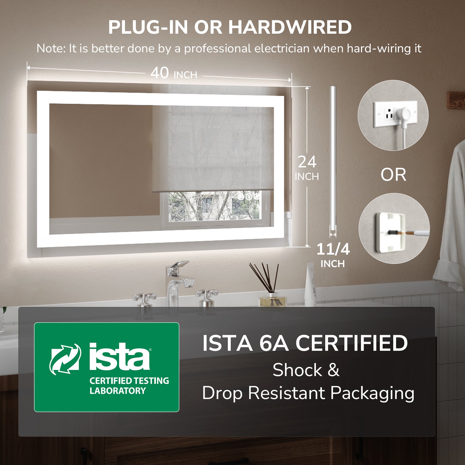 USHOWER Klara Series – 40'' x 24'' Rectangular LED Bathroom Mirror