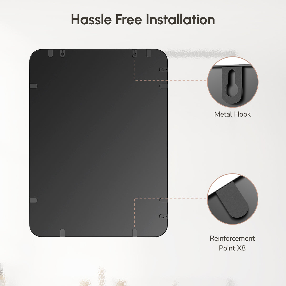 USHOWER Nwar Series 22x30 Black Frame Rectangular Bathroom Mirror Back View with Hooks and 8 Reinforcement Points