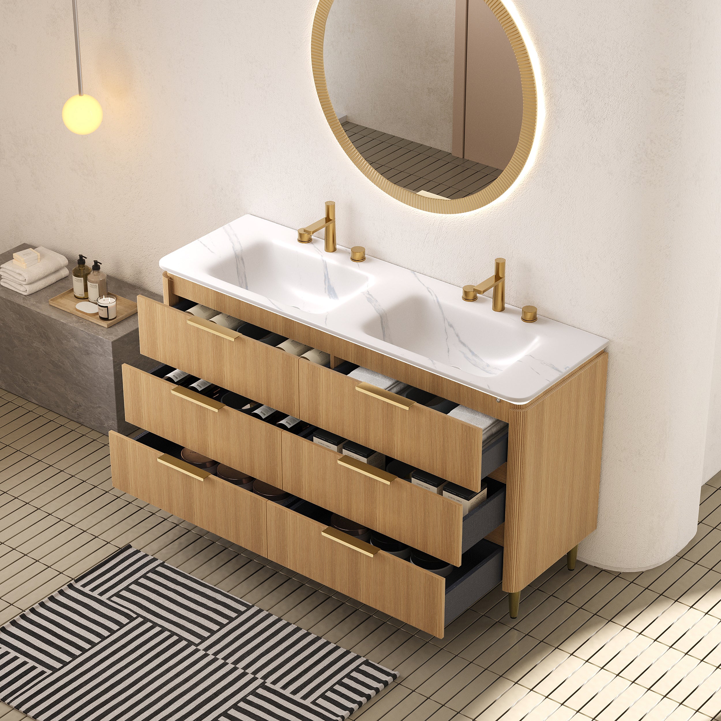 AMARA 60'' Bathroom Vanity&Sinks, Freestanding Curved Edges Ultra-Slim Grille Plywood Storage Cabinet, 6 Drawers, 2 Carrara White Sintered Stone Basins, Pre-assembled, Light Oak Woodgrain Color