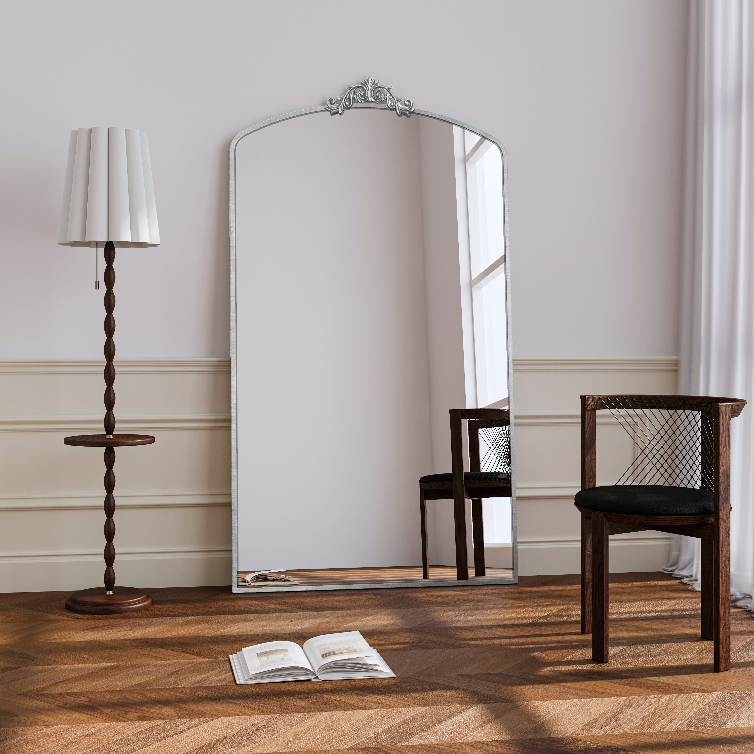 Full Length Mirror 36'' x 66'' Vintage Ornate Arched Floor Mirror, Antique Silver Metal Framed Mirror Dressing Mirror Oversized Wall Mirror, for Entryway, Living Room, Bedroom, Clothing Shop