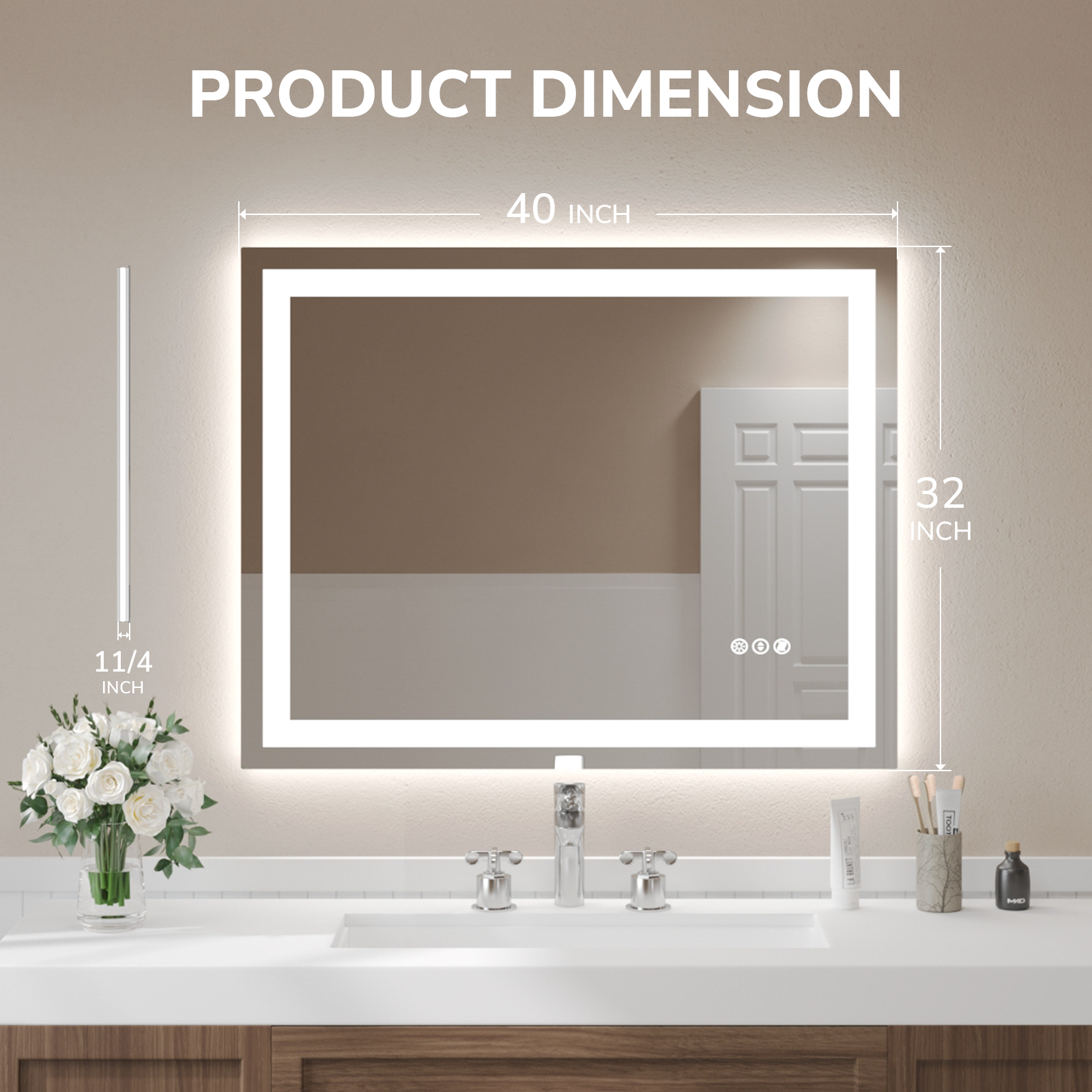 USHOWER Klara Series – 40'' x 32'' Rectangular LED Bathroom Mirror