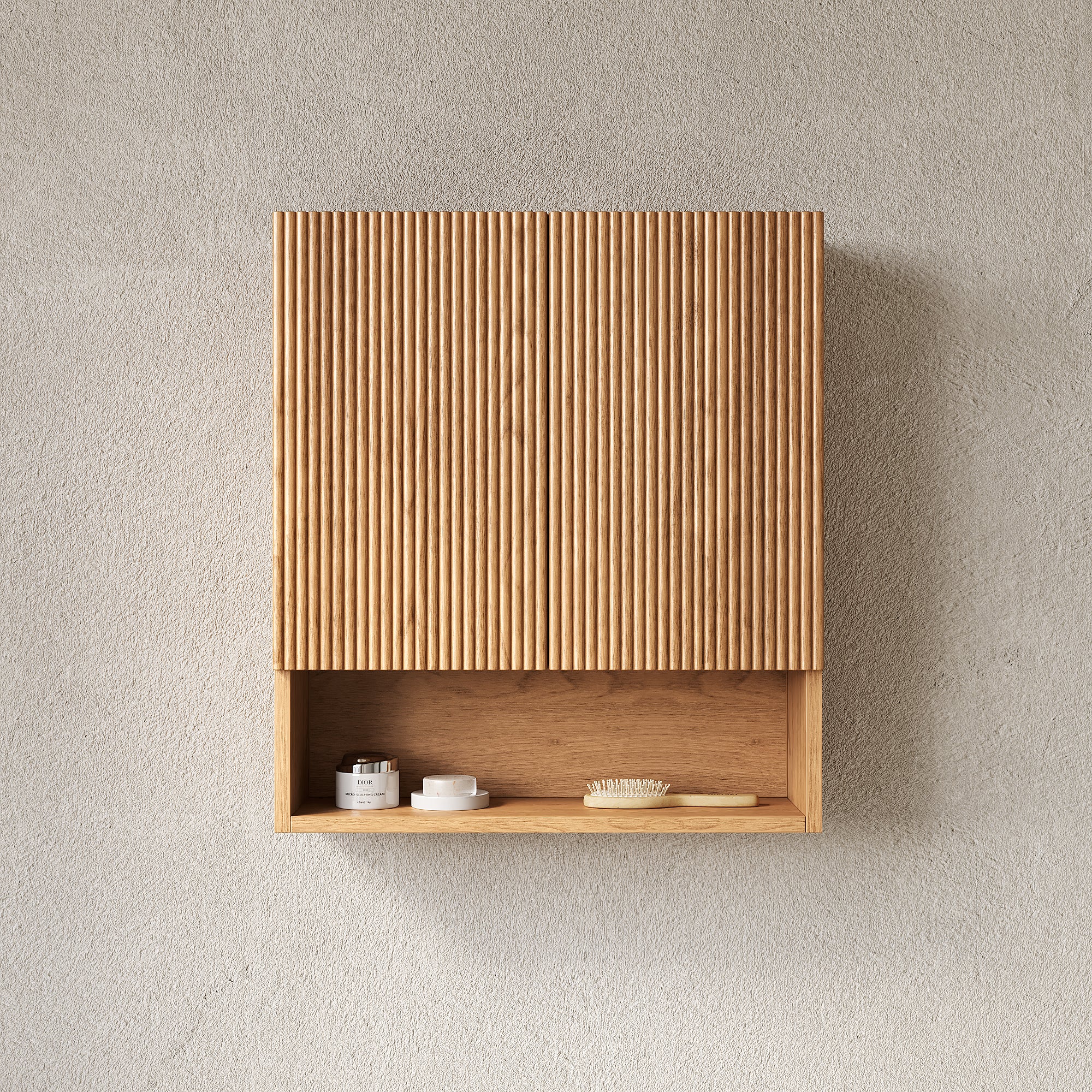 TOBI 26" Wall-Mounted Striped Bathroom Cabinet, with Doors, Shelf and Open Storage Compartment Over The Toilet Storage Cabinet for Bathroom, Kitchen, Laundry Room, Natural Woodgrain Color