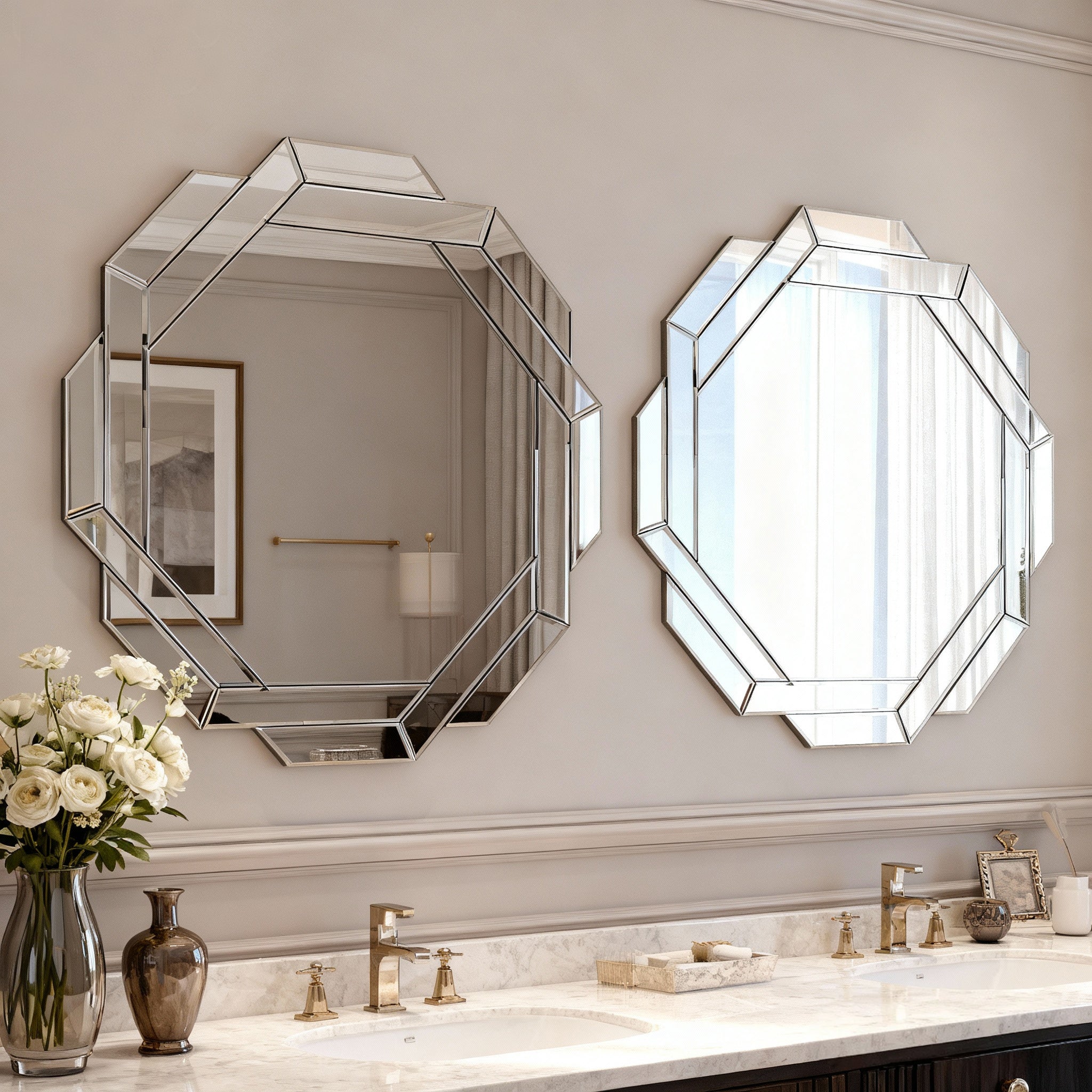 Octagonal Frameless Wall Mirror with Beveled Geometric Design, 29.92''