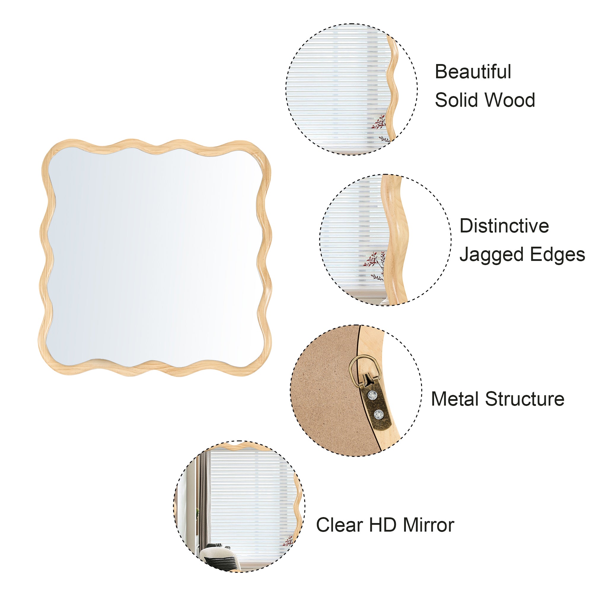 Wavy Square Natural Wood Beige Wall Mirror, Solid Wood, 35.8'' x 35.8''