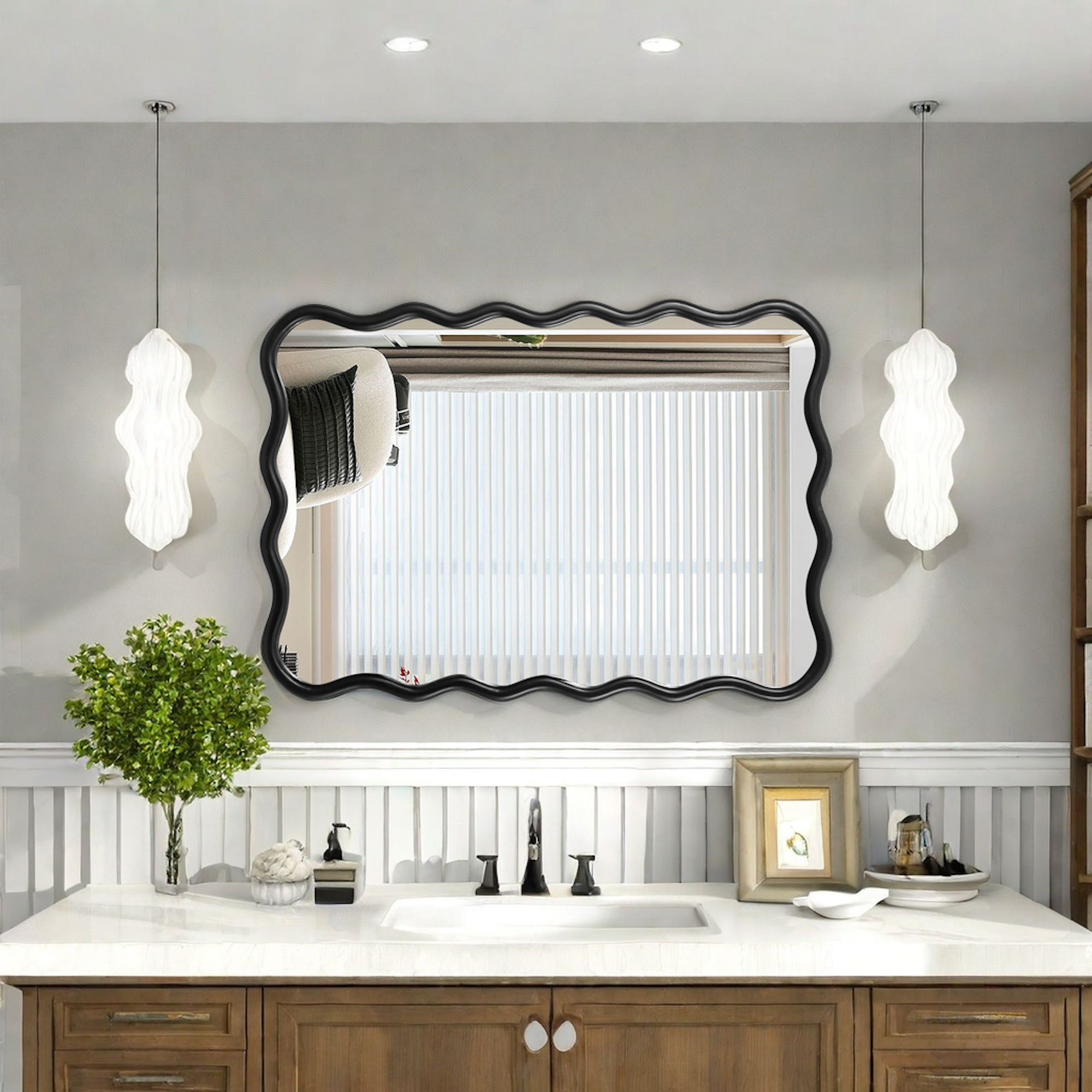 Wavy Rectangular Black Wall Mirror, Solid Wood, 28'' x 39.8''