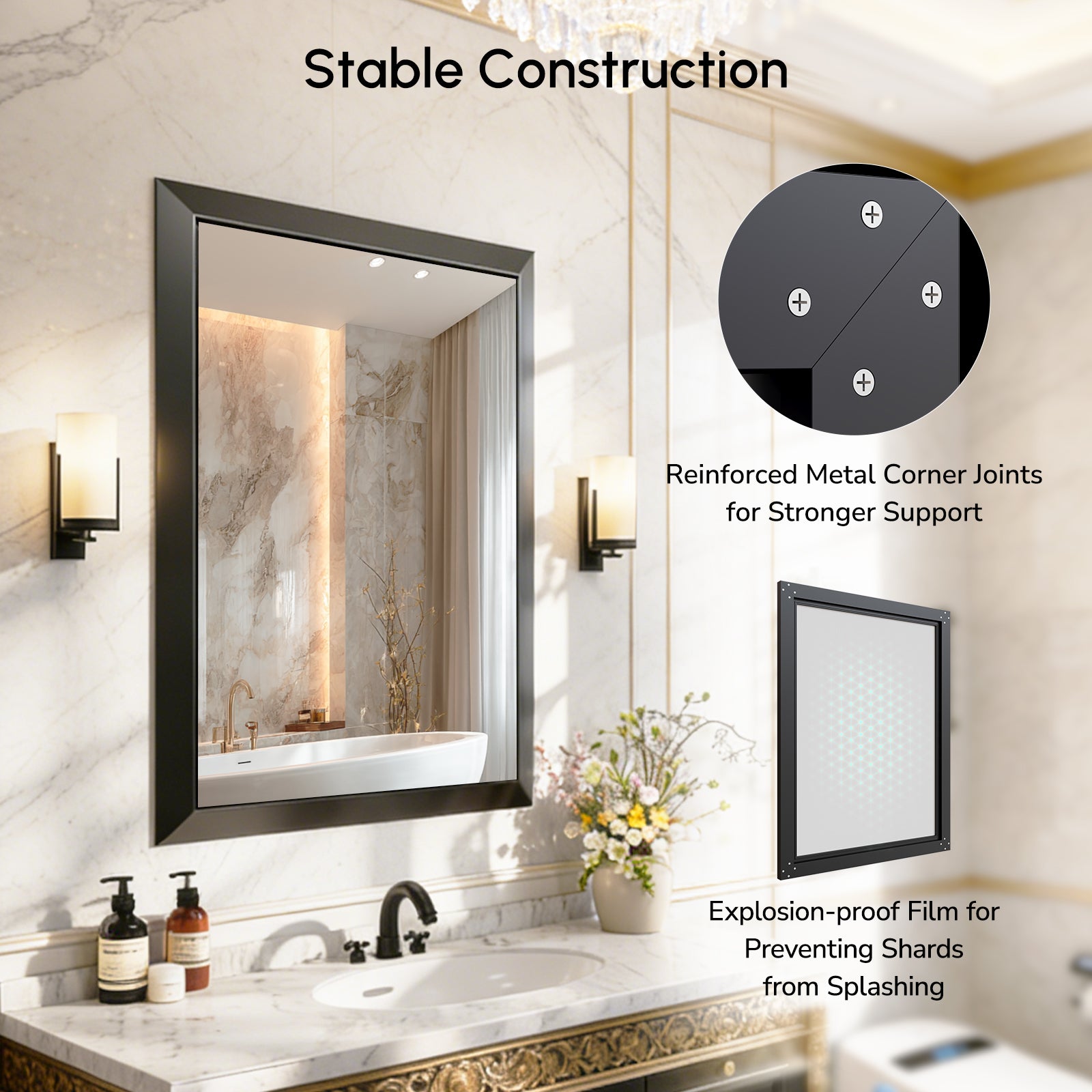 USHOWER Floating Mirror, 24''x36'' Black Beveled Mirror for Wall
