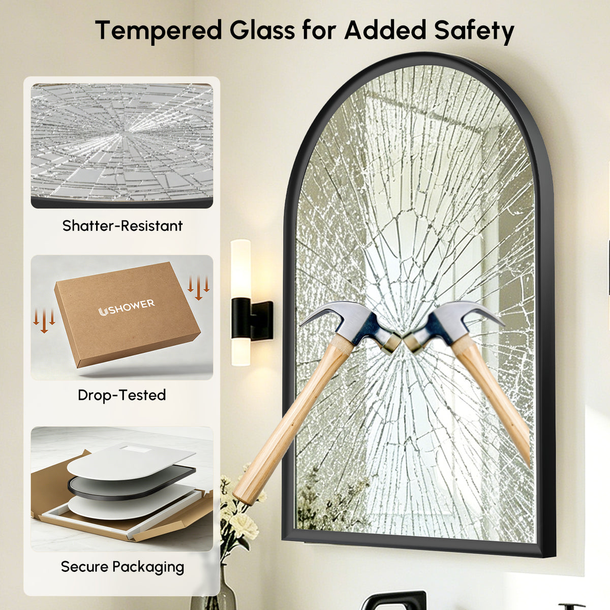USHOWER Curva Black Arched Mirror 24x36 Inch, Arched Bathroom Mirror