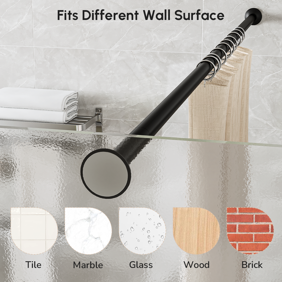 USHOWER Matuko Series – Matte Black Shower Rod on Various Wall Surfaces Including Tile, Marble, Glass, Wood, and Brick