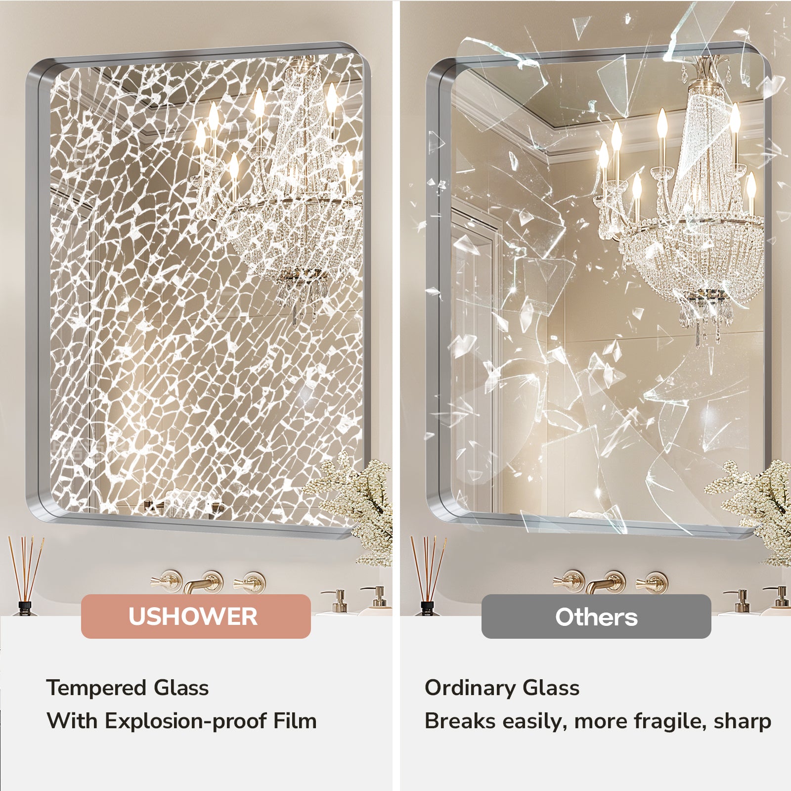 shatterproof brushed nickel frame bathroom mirror with tempered glass safe explosion proof design