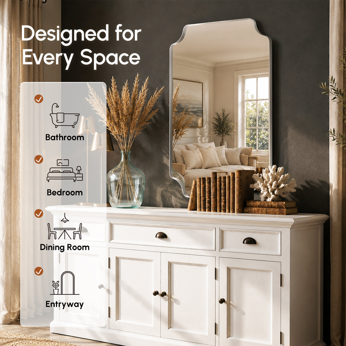 Stainless Steel Frame Silver Scalloped Bathroom Mirror – 24" x 36"
