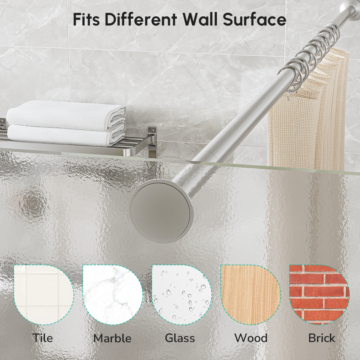 USHOWER Matuko Series – Brushed Nickel Shower Rod on Various Wall Surfaces Including Tile, Marble, Glass, Wood, and Brick