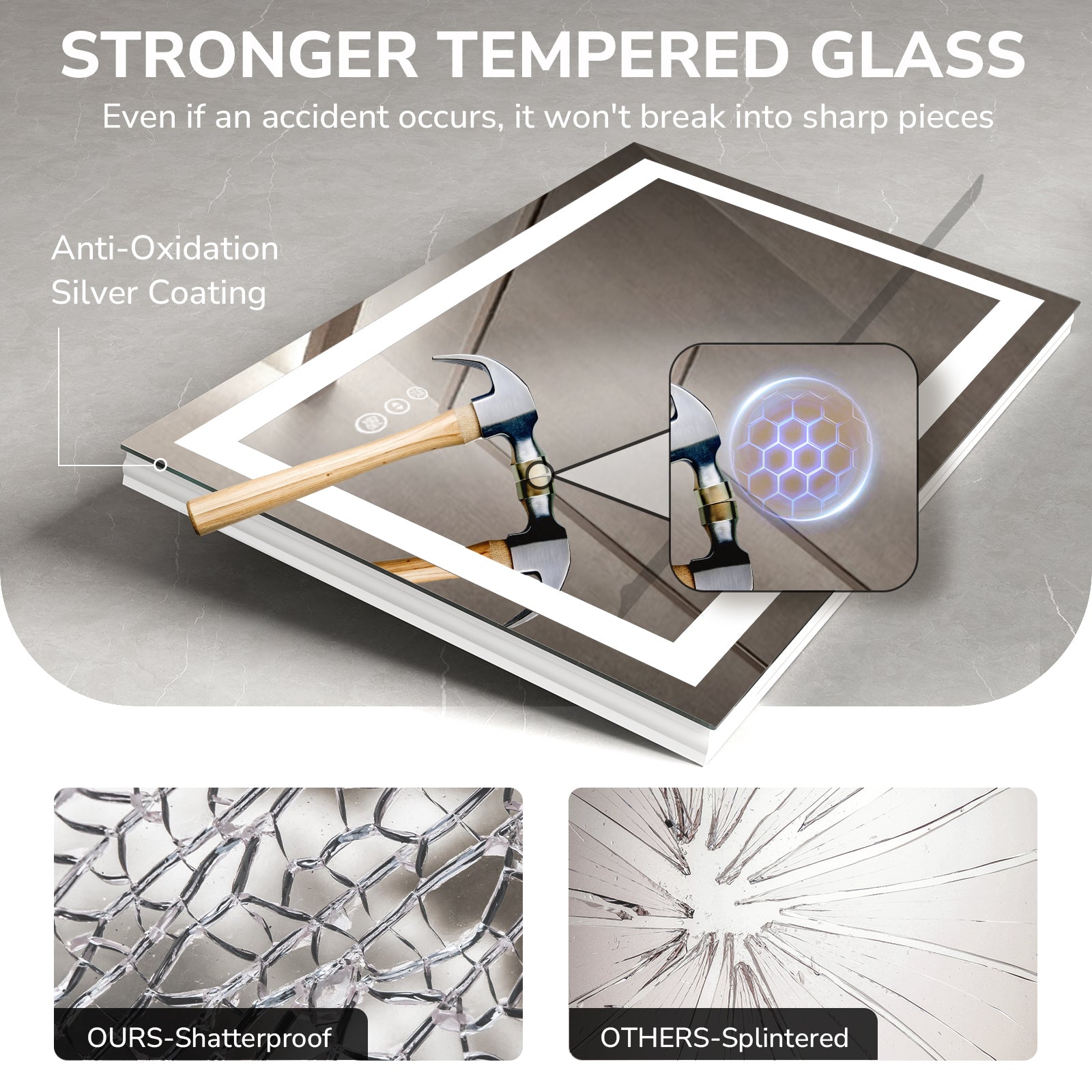 USHOWER Klara Series 32x24 Rectangular LED Bathroom Mirror with Tempered Glass and Anti-Oxidation Silver Coating