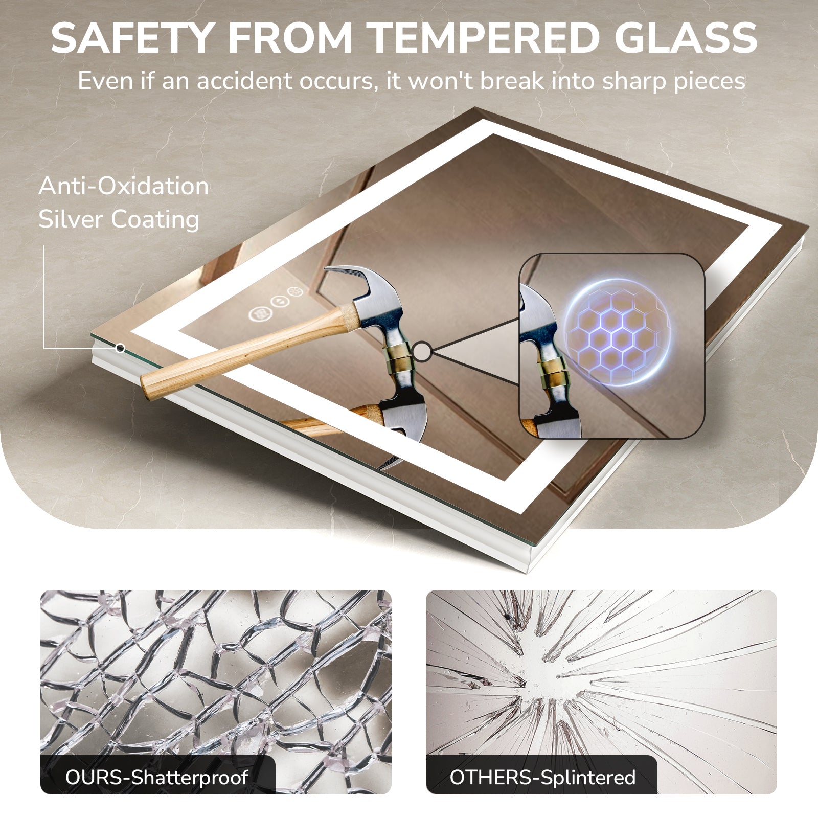 USHOWER Klara Series – 48'' x 36'' Rectangular LED Bathroom Mirror