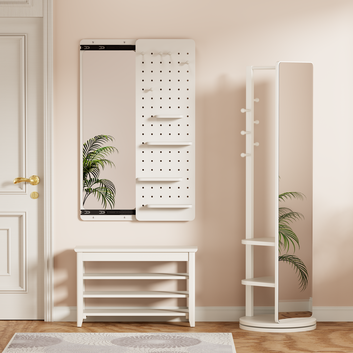 White Wall-Mounted Full-Length Mirror, 47.6 x 15.7 Inch Sliding Space-Saving Mirror with Multi-Functional Panel for Bedroom, Living Room & Entryway