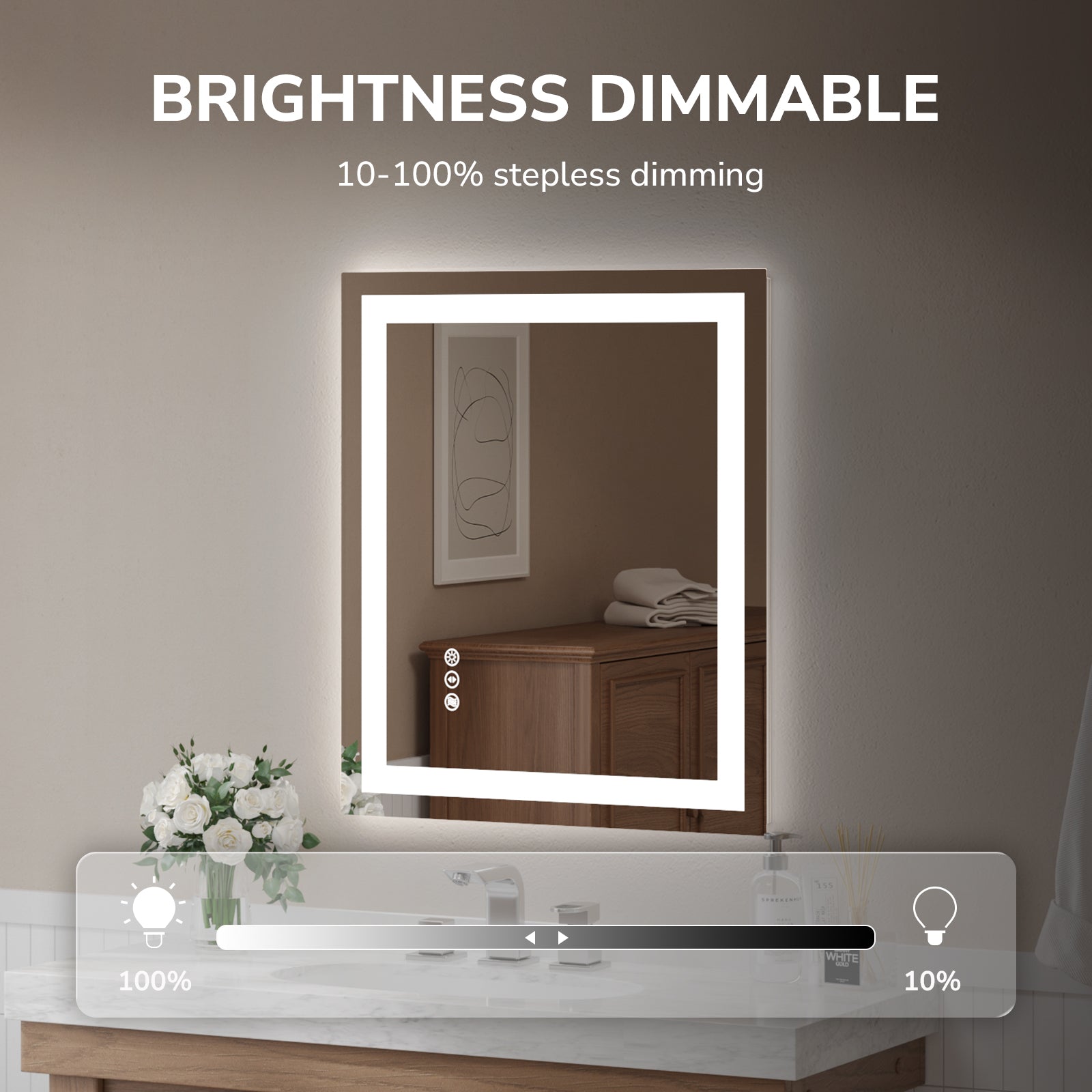 USHOWER Klara Series 32x24 Rectangular LED Bathroom Mirror with 10%–100% Dimmable Brightness via Touch Sensor
