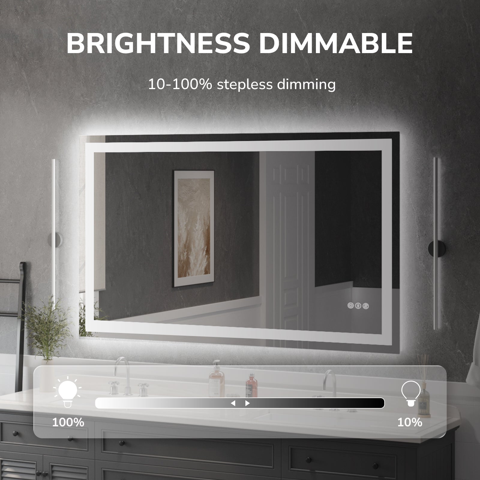 USHOWER Klara Series 60x36 Rectangular LED Bathroom Mirror with 10%–100% Dimmable Brightness via Touch Sensor