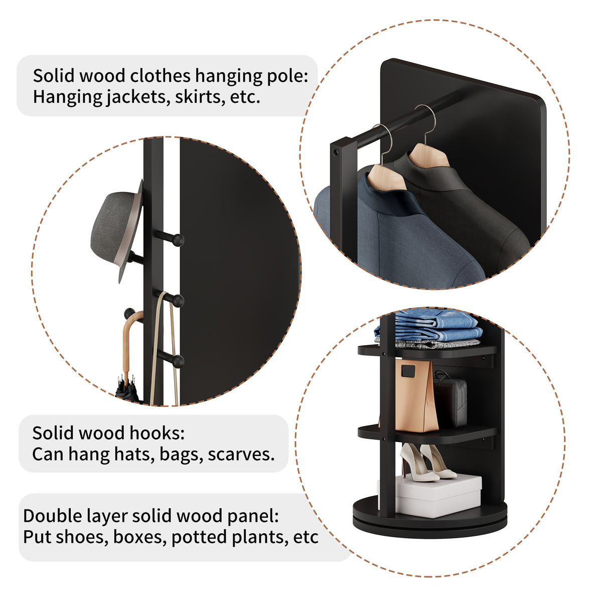 Black 360° Rotating Full-Length Mirror, 69" x 20" Solid Wood Floor Mirror with Hooks and Storage Rack for Bedroom, Living Room & Entryway