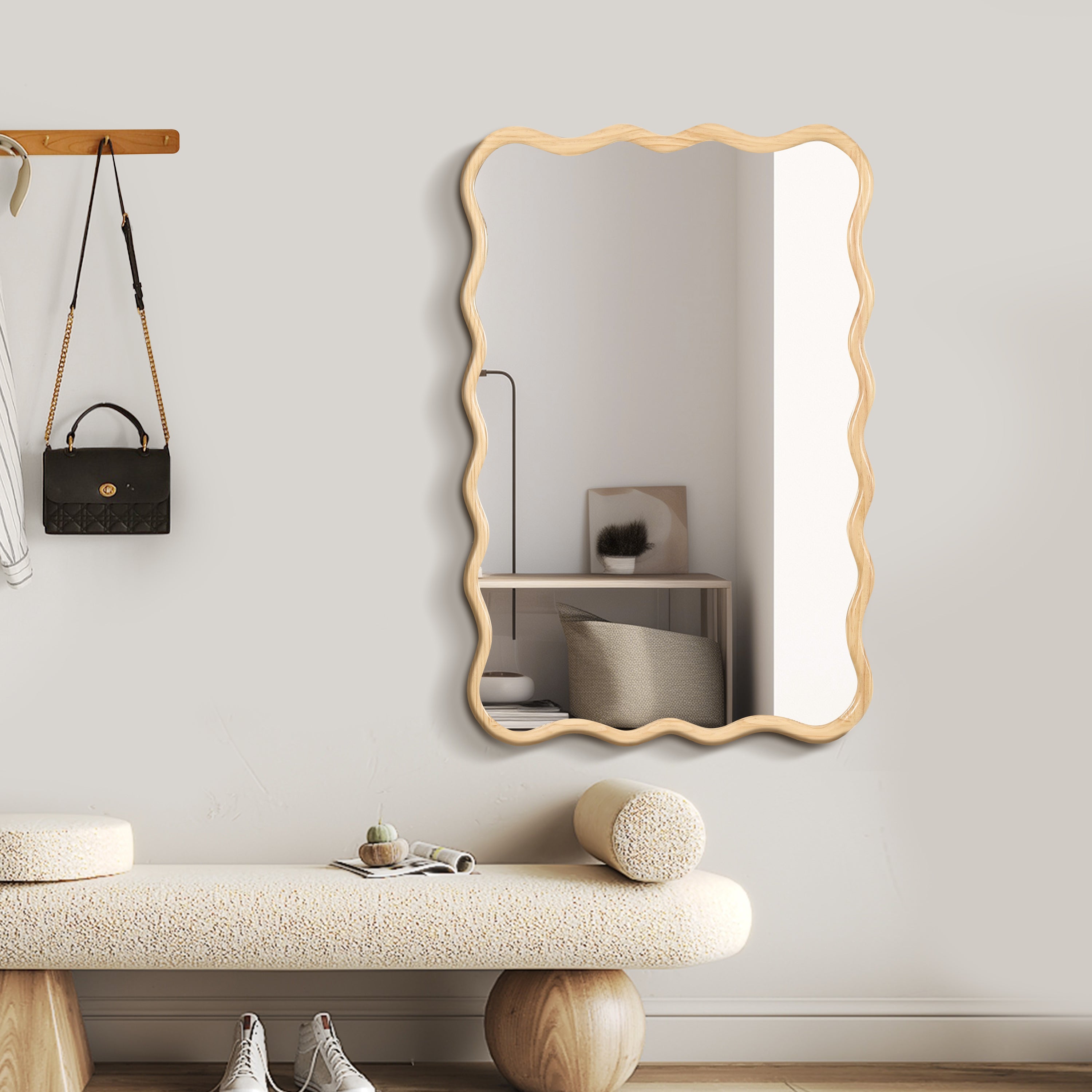 Wavy Rectangular Natural Wood Beige Wall Mirror, Solid Wood, 28'' x 39.8''
