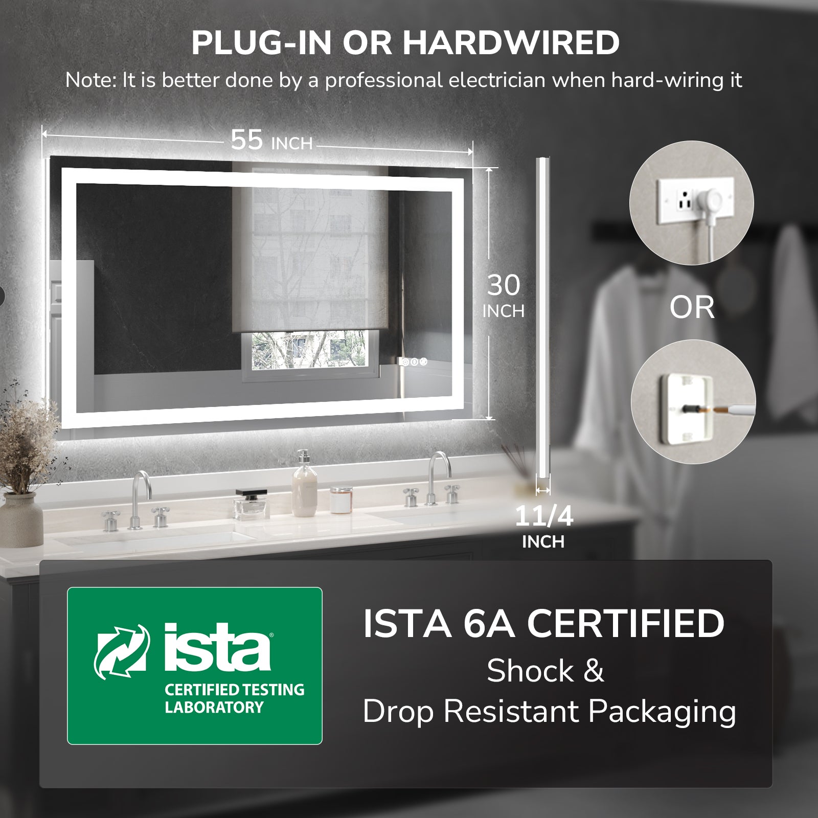 USHOWER Klara Series – 55'' x 30'' Rectangular LED Bathroom Mirror