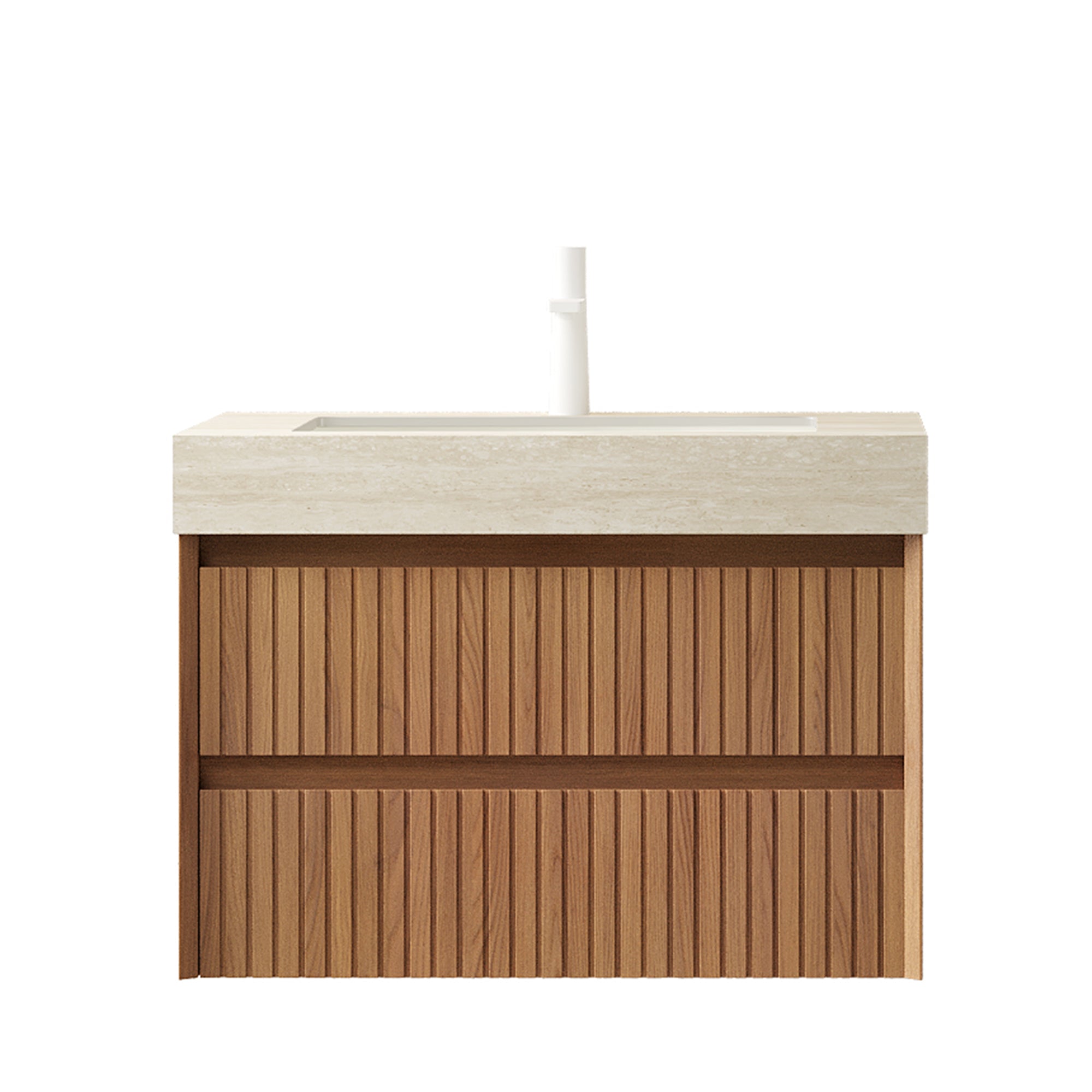 TILLEY 30" Bathroom Vanity&Sink, Floating Striped Plywood Storage Cabinet with 2 Drawers, Travertine-Pattern Sintered Stone Top with Ceramic Undermount Basin, Pre-assembled, Brown Oak Woodgrain Color