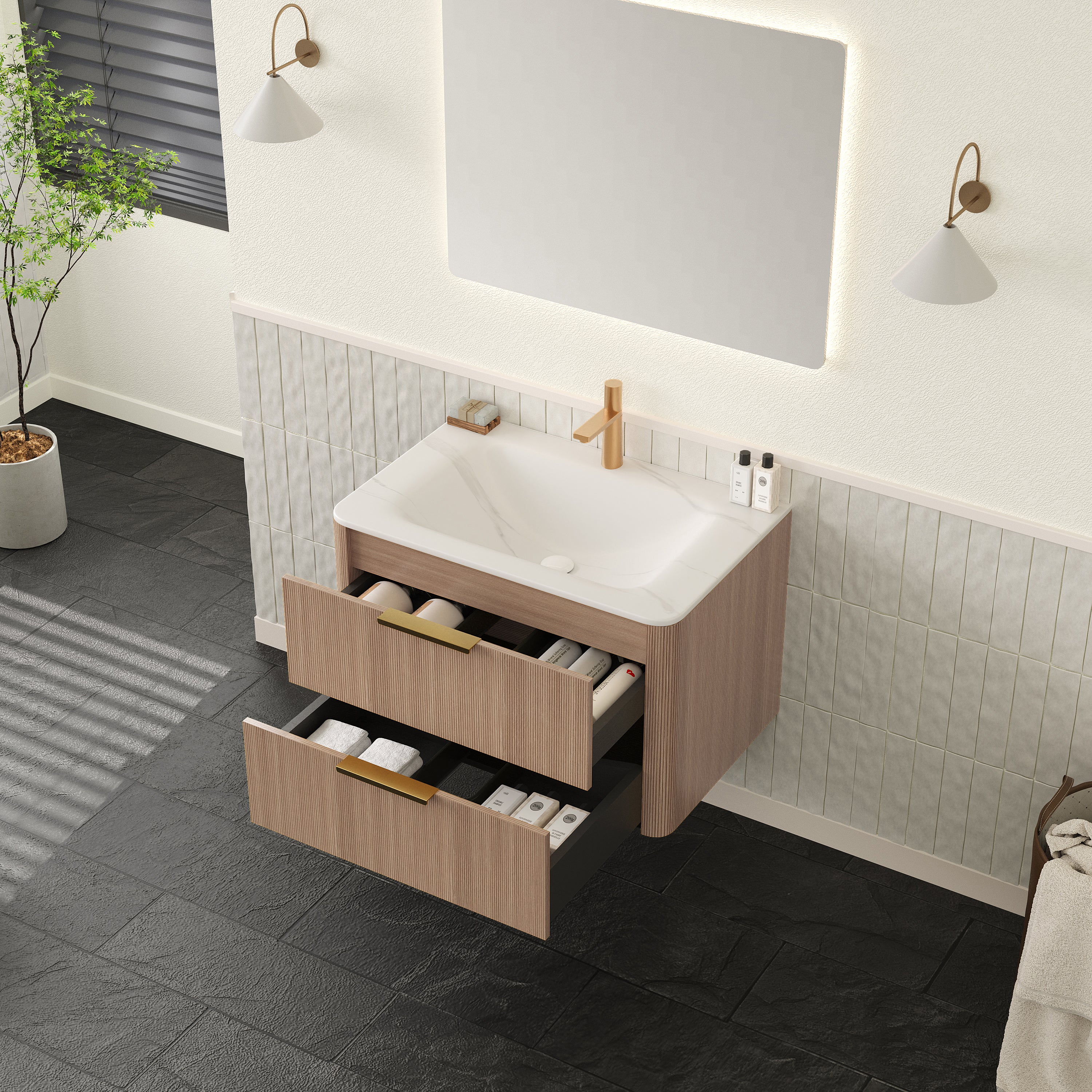 ZANE 30" Bathroom Vanity with Sink, Floating Ultra-Pinstriped Plywood Storage Cabinet with Drawers, Carrara White Sintered Stone Hot-bent Integrated Basin, Pre-assembled, Light Natural Woodgrain Color