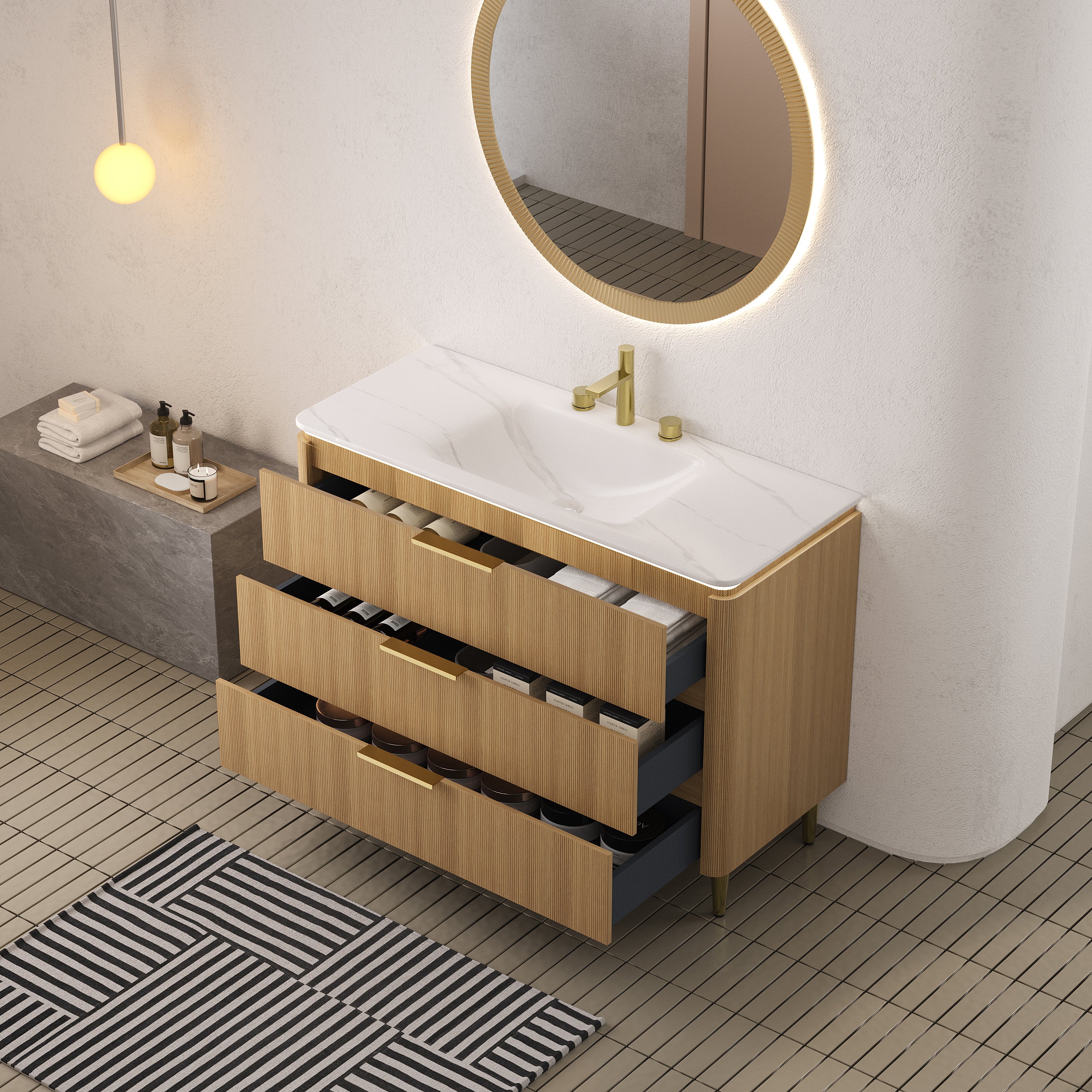 AMARA 48'' Bathroom Vanity&Sink, Freestanding Curved Edges Ultra-Slim Grille Plywood Storage Cabinet, 3 Drawers, Carrara White Sintered Stone Integrated Basin, Pre-assembled, Light Oak Woodgrain Color
