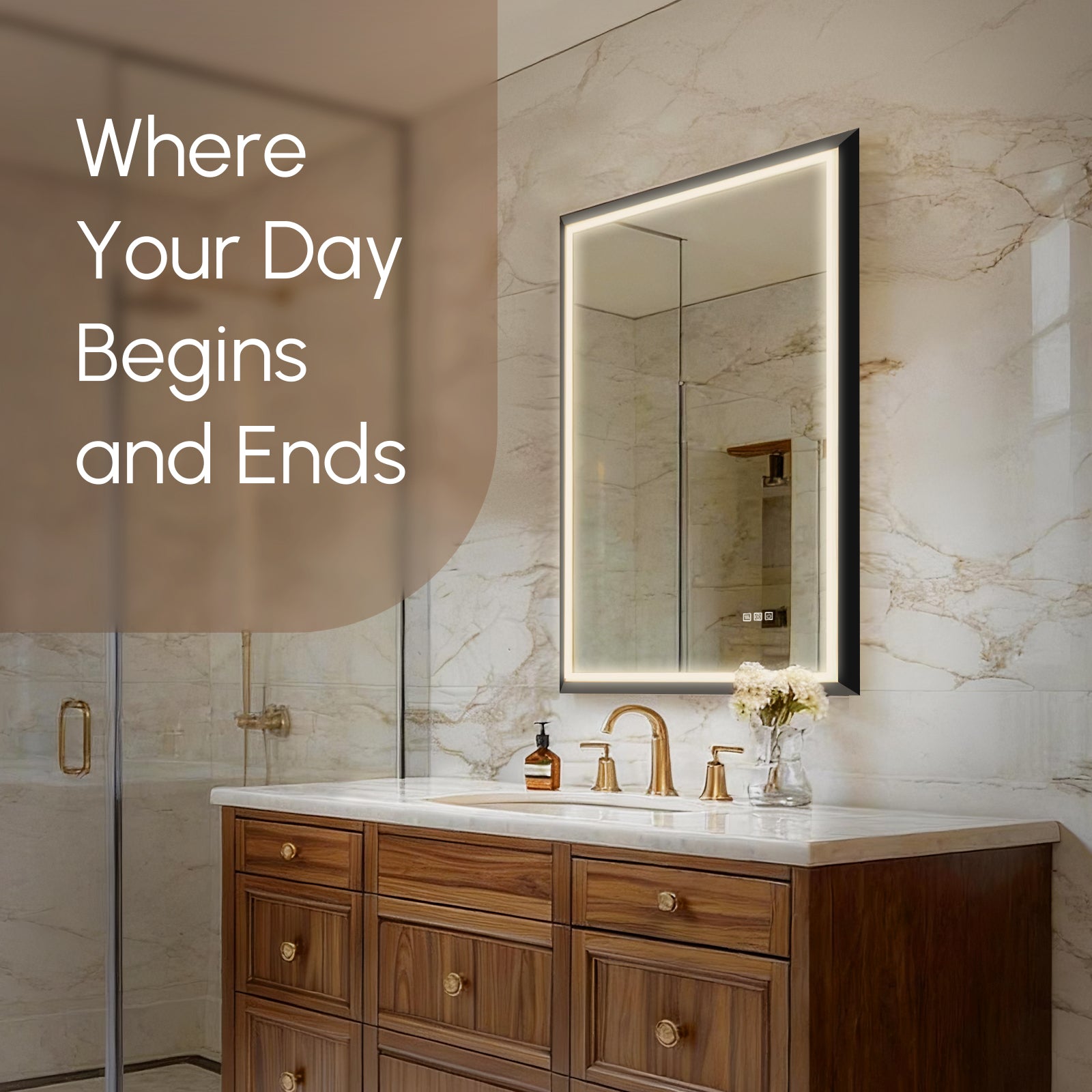 USHOWER Floating Mirror with Lights, LED Bathroom Mirror 24''x 36''