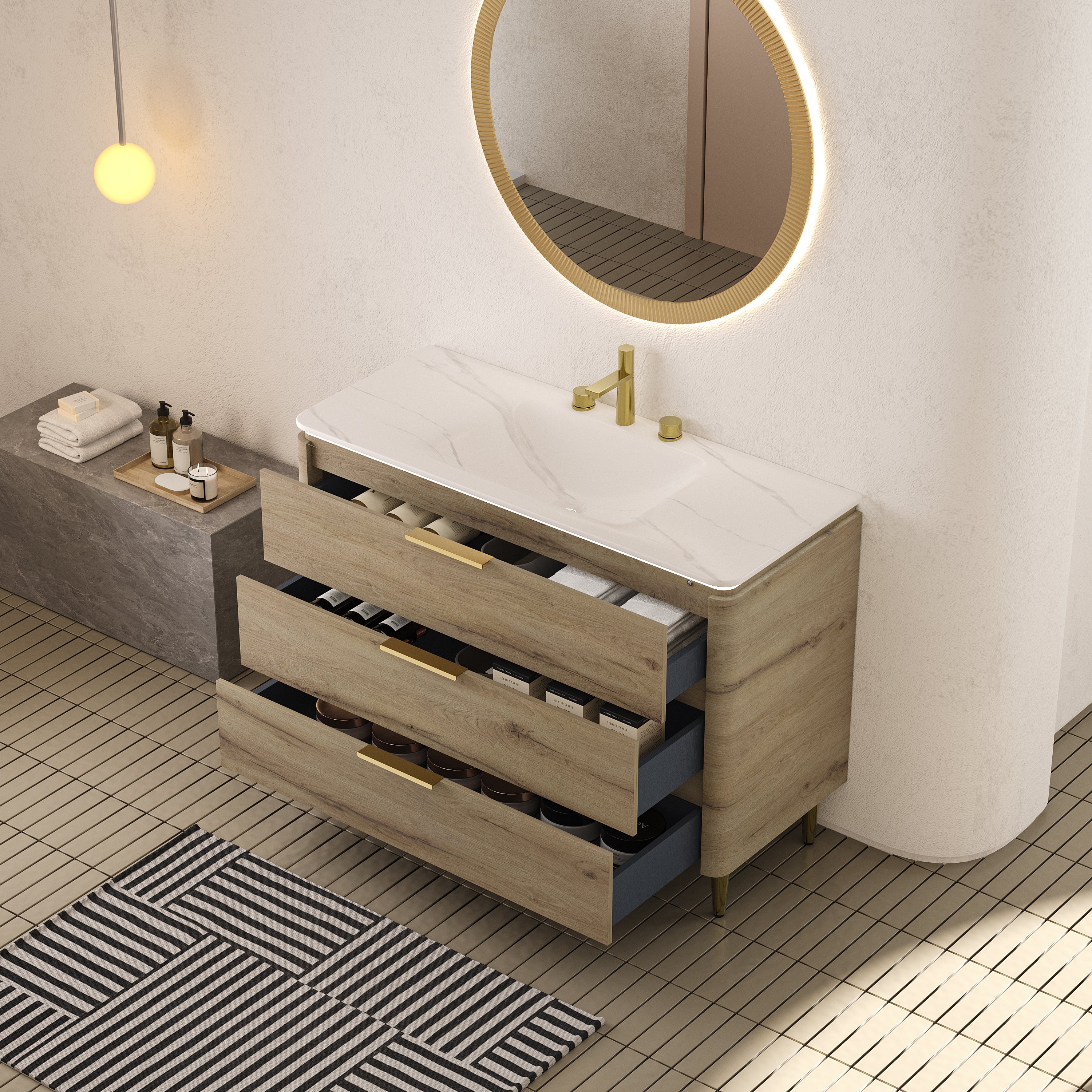 AMARA 48'' Bathroom Vanity with Sink, Freestanding Curved Edges Plywood Bathroom Storage Cabinet with 3 Drawers, Carrara White Sintered Stone Integrated Basin, Pre-assembled, White Oak Woodgrain Color