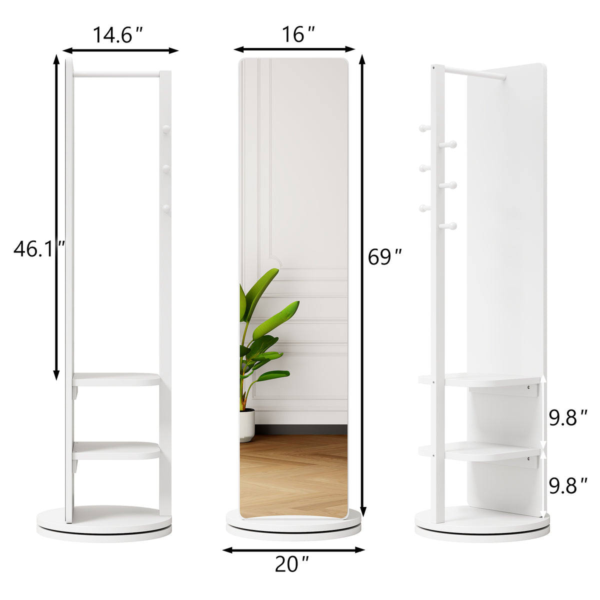 White 360° Rotating Full-Length Mirror, 69" x 20" Solid Wood Floor Mirror with Hooks and Storage Rack for Bedroom, Living Room & Entryway