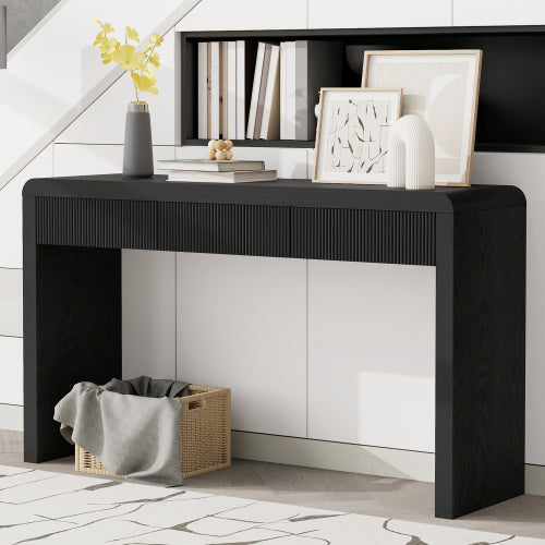 TREXM Rustic Fluted Console Table with 3 Drawers, Solid Wood Veneer Entryway Sofa Table with Natural Wood Grain, Black