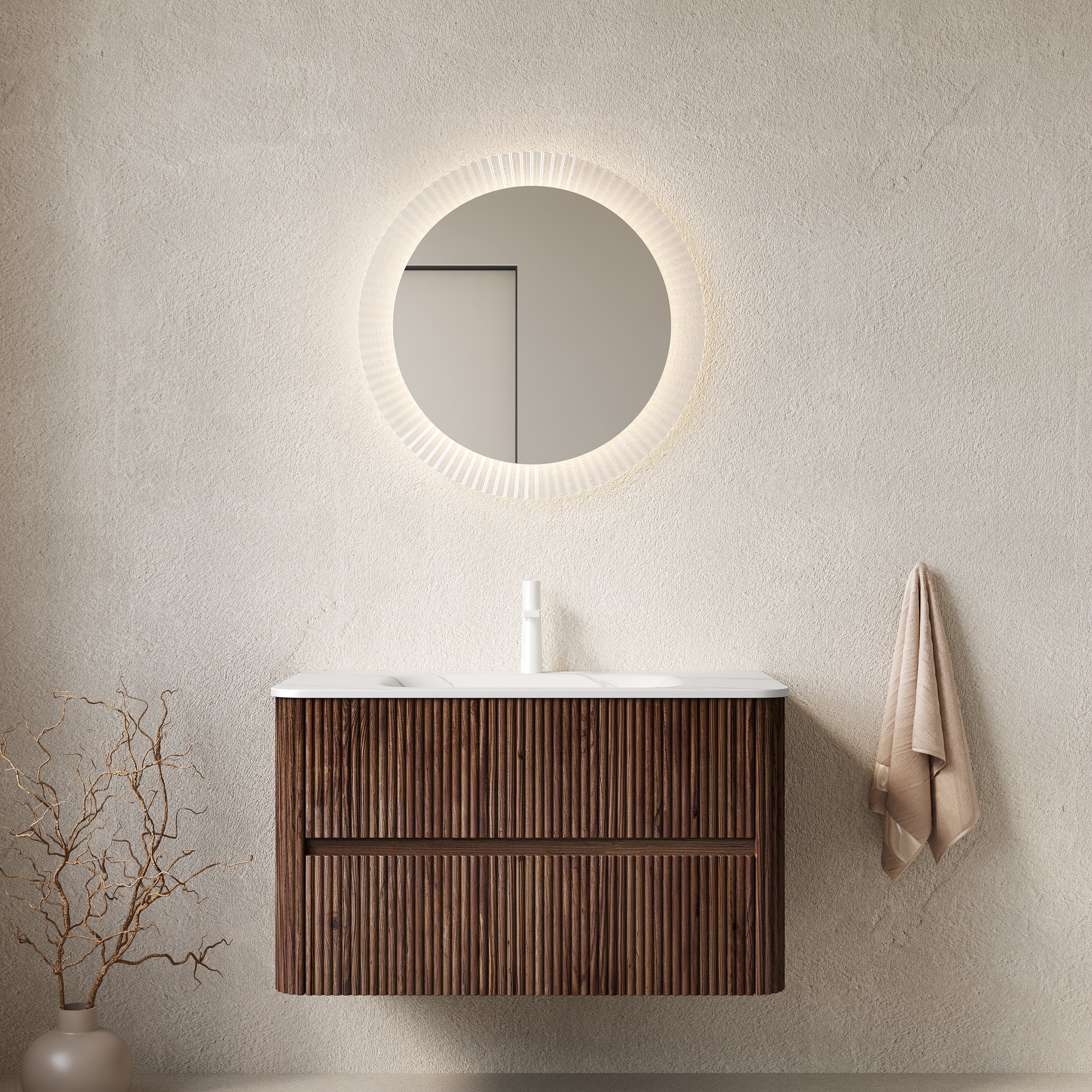 NOOR 36" Bathroom Vanity&Sink, Floating Stripe Plywood Storage Cabinet with 2 Drawers, Carrara White Sintered Stone Hot-bent Integrated Rectangle Basin, Pre-assembled, Retro Walnut Woodgrain Color