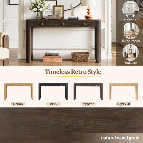 TREXM Rustic Console Table with 3 Concealed Drawers, Farmhouse Entryway Sofa Table with Curved Corners & Thick Legs for Living Room & Hallway,Espresso