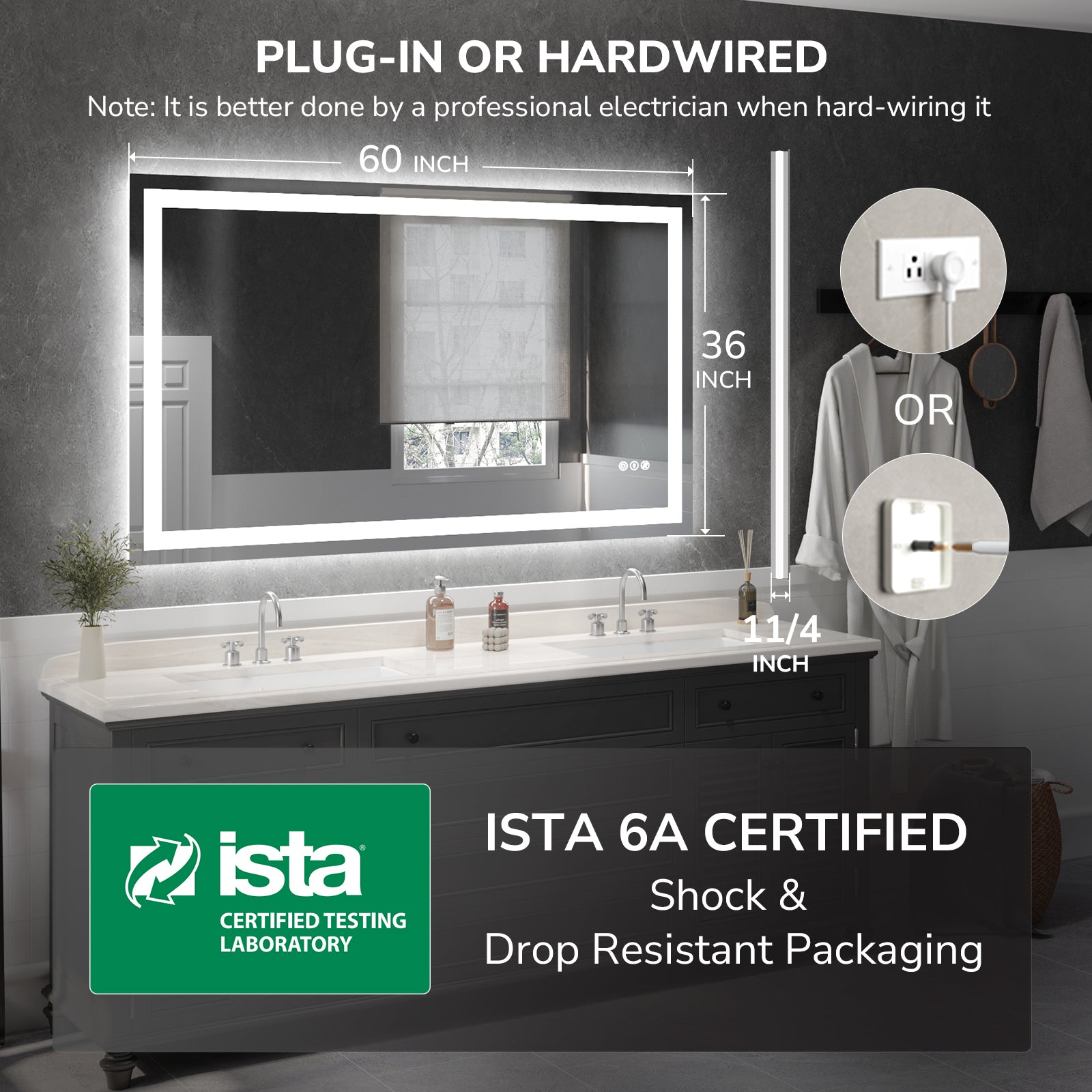 60x36 inch LED bathroom mirror with plug in or hardwired installation ISTA 6A certified packaging