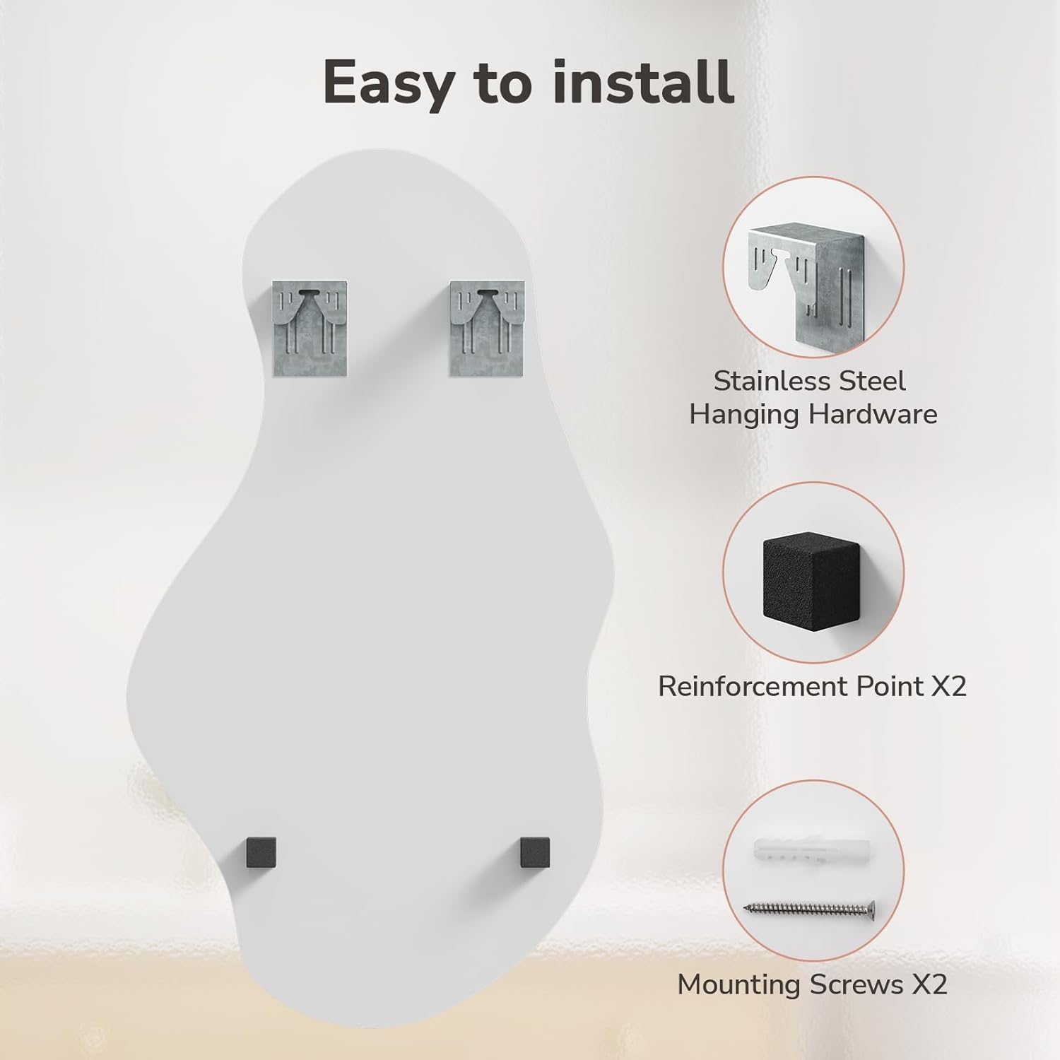 easy to install irregular wall mirror with stainless steel hardware and screws