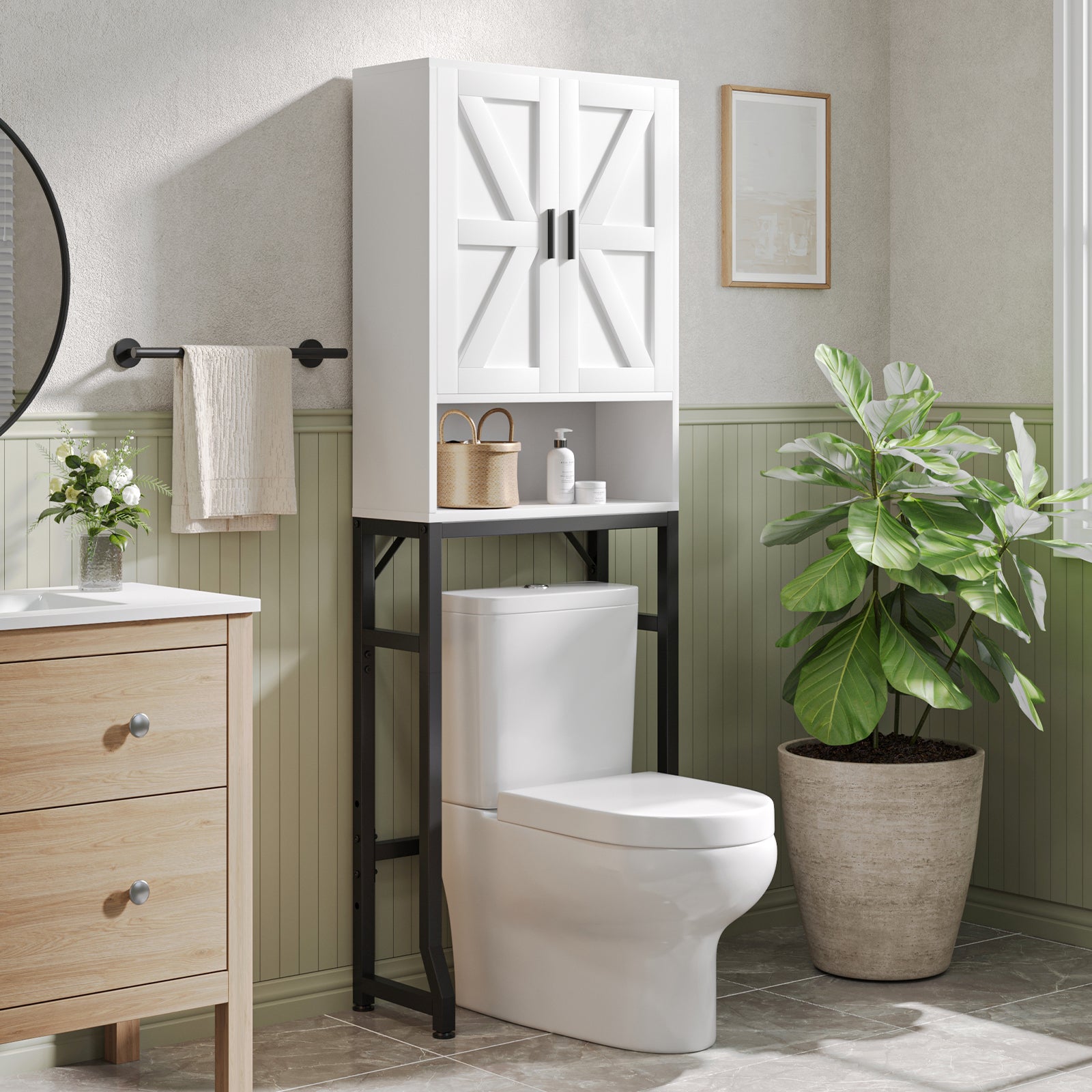 USHOWER Stokado Series – Over-the-Toilet Storage Cabinet with Wood Doors,White