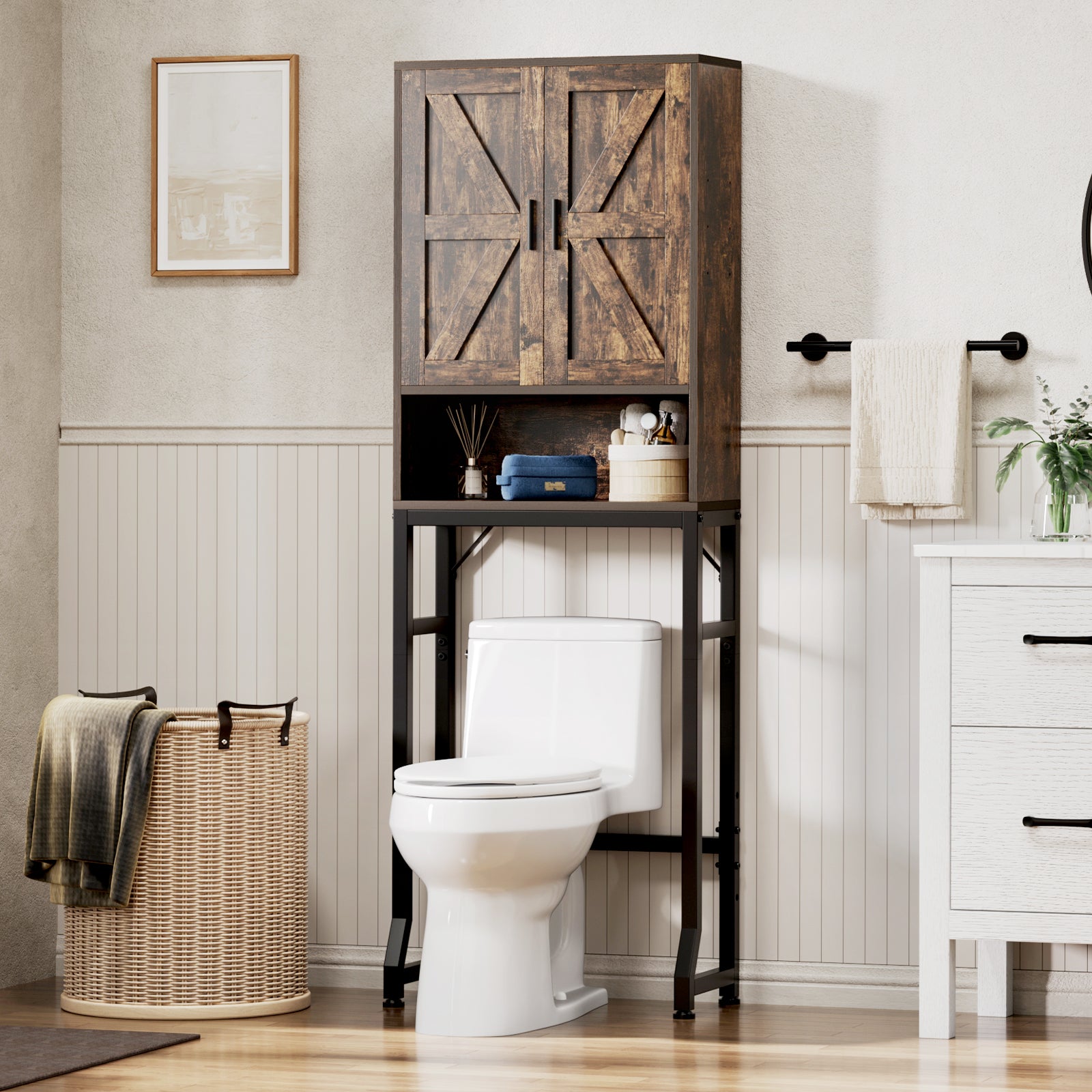 USHOWER Stokado Series – Over-the-Toilet Storage Cabinet with Wood Doors, Rustic Brown